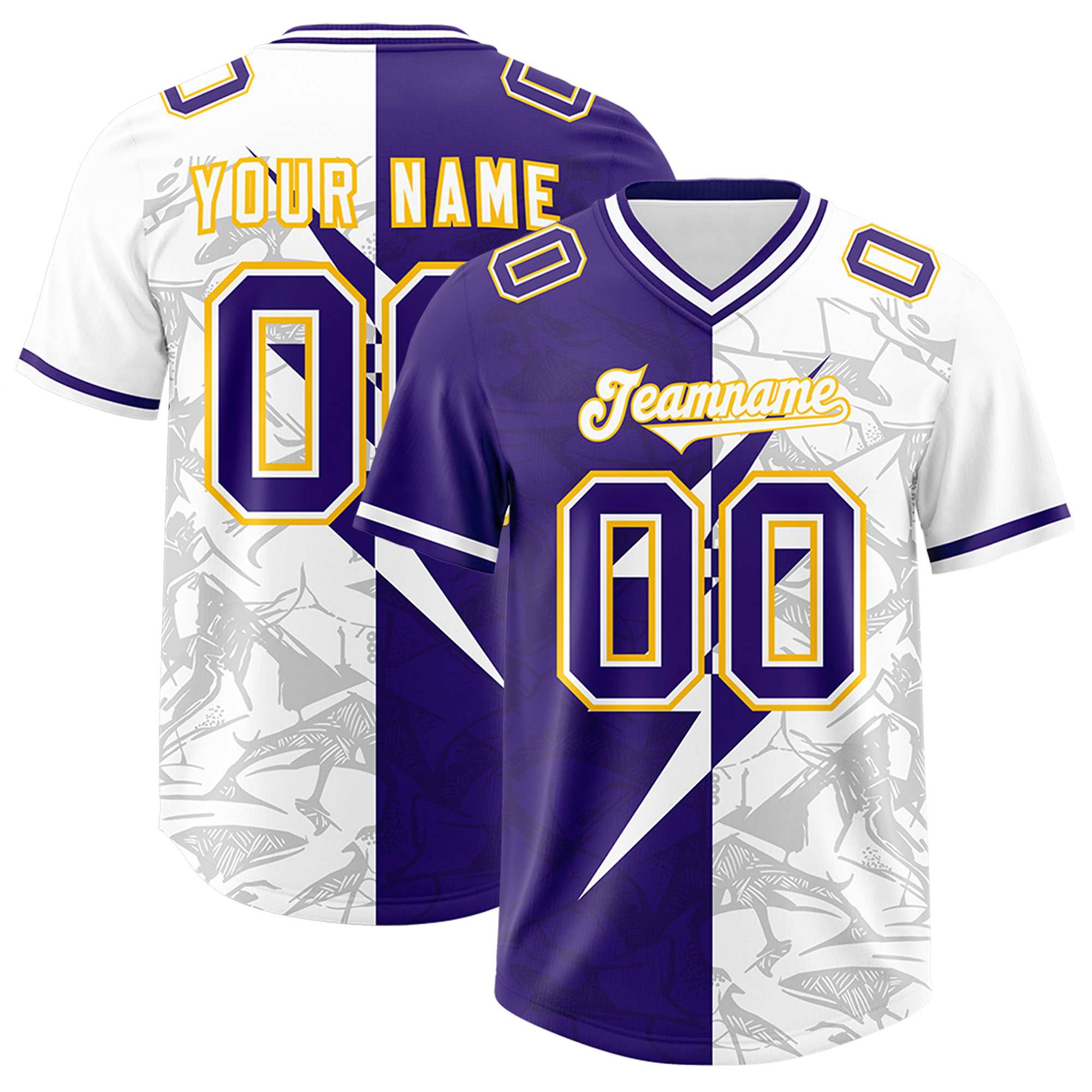 Custom Purple White Split Personalized Lightning Pattern American Football Jersey