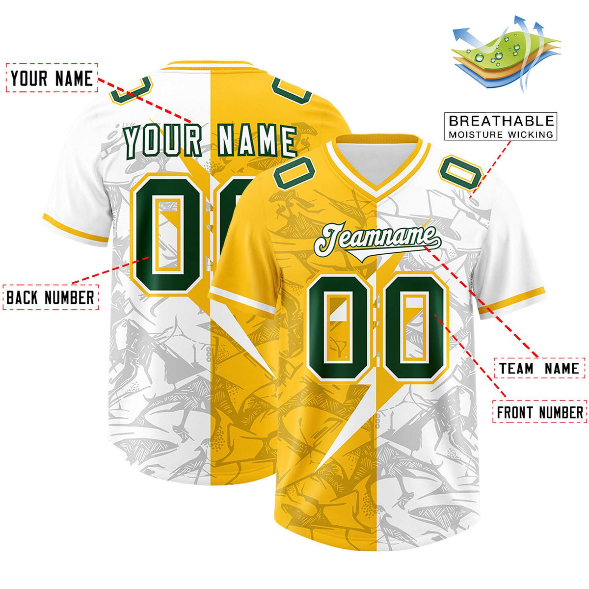 Custom Yellow White Split Personalized Lightning Pattern American Football Jersey
