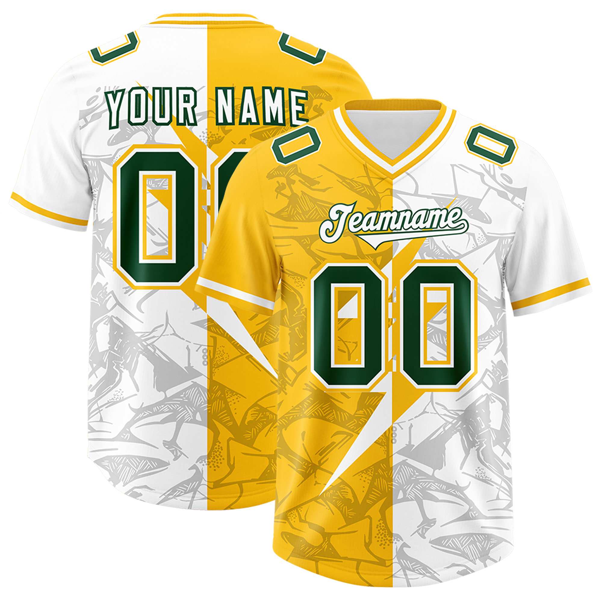 Custom Yellow White Split Personalized Lightning Pattern American Football Jersey