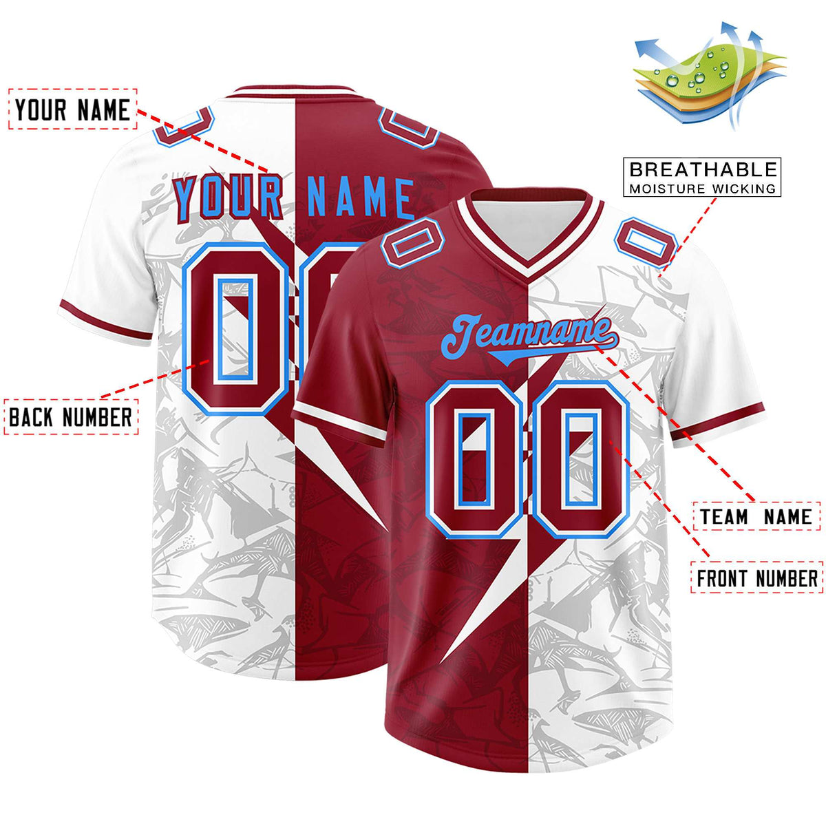 Custom Cardinal White Split Personalized Lightning Pattern American Football Jersey