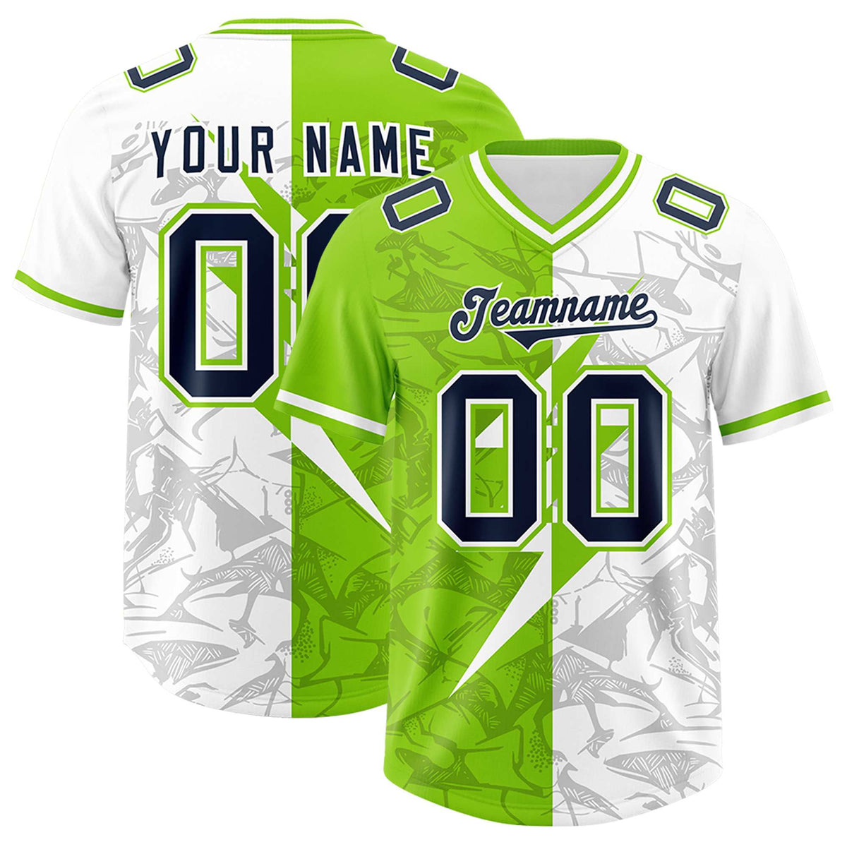Custom Neon Green White Split Personalized Lightning Pattern American Football Jersey