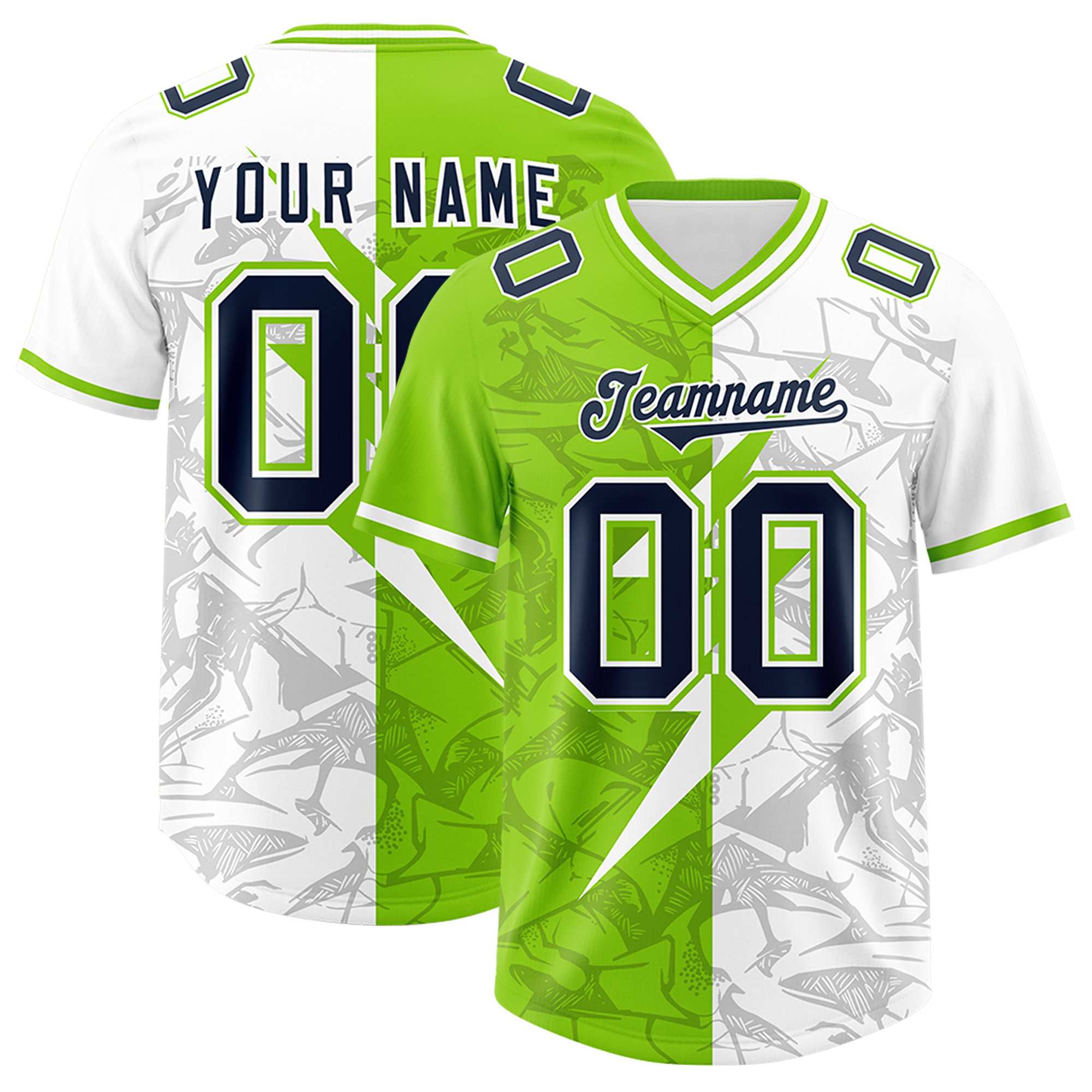Custom Neon Green White Split Personalized Lightning Pattern American Football Jersey