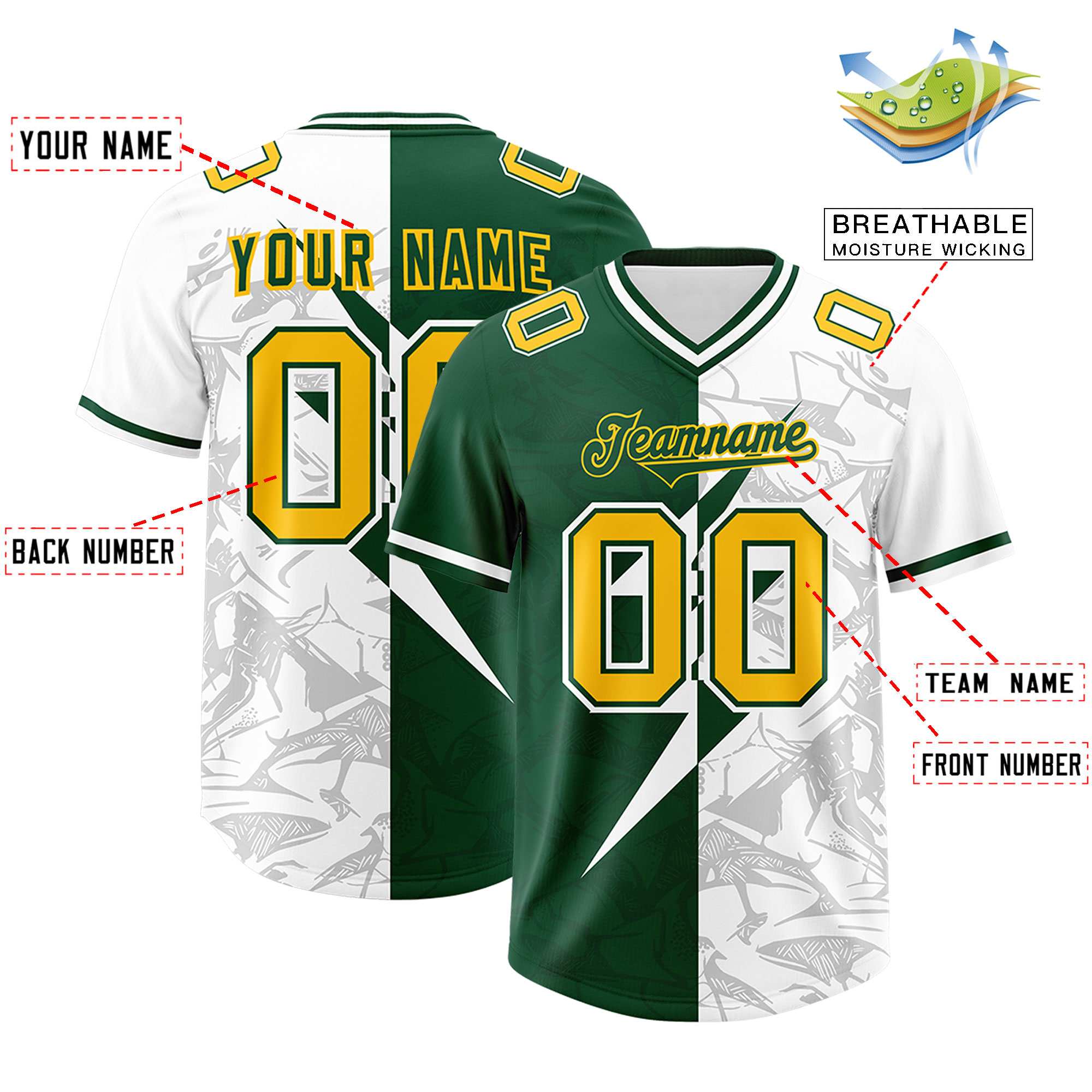 Custom Green White Split Personalized Lightning Pattern American Football Jersey