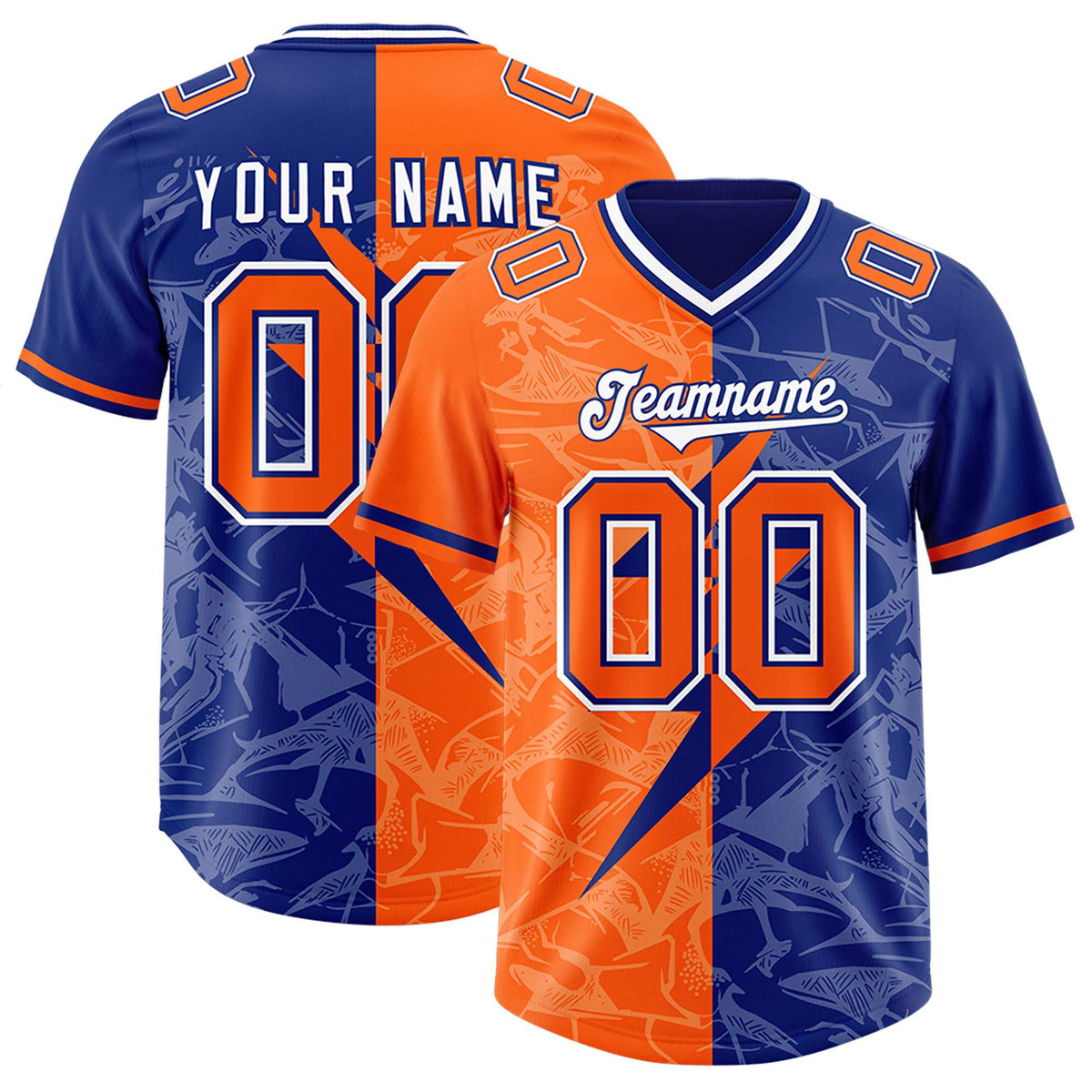 Custom Orange Royal Split Personalized Lightning Pattern American Football Jersey