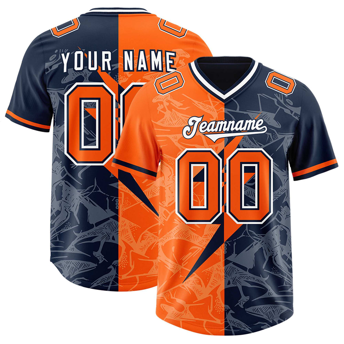 Custom Orange Navy Split Personalized Lightning Pattern American Football Jersey