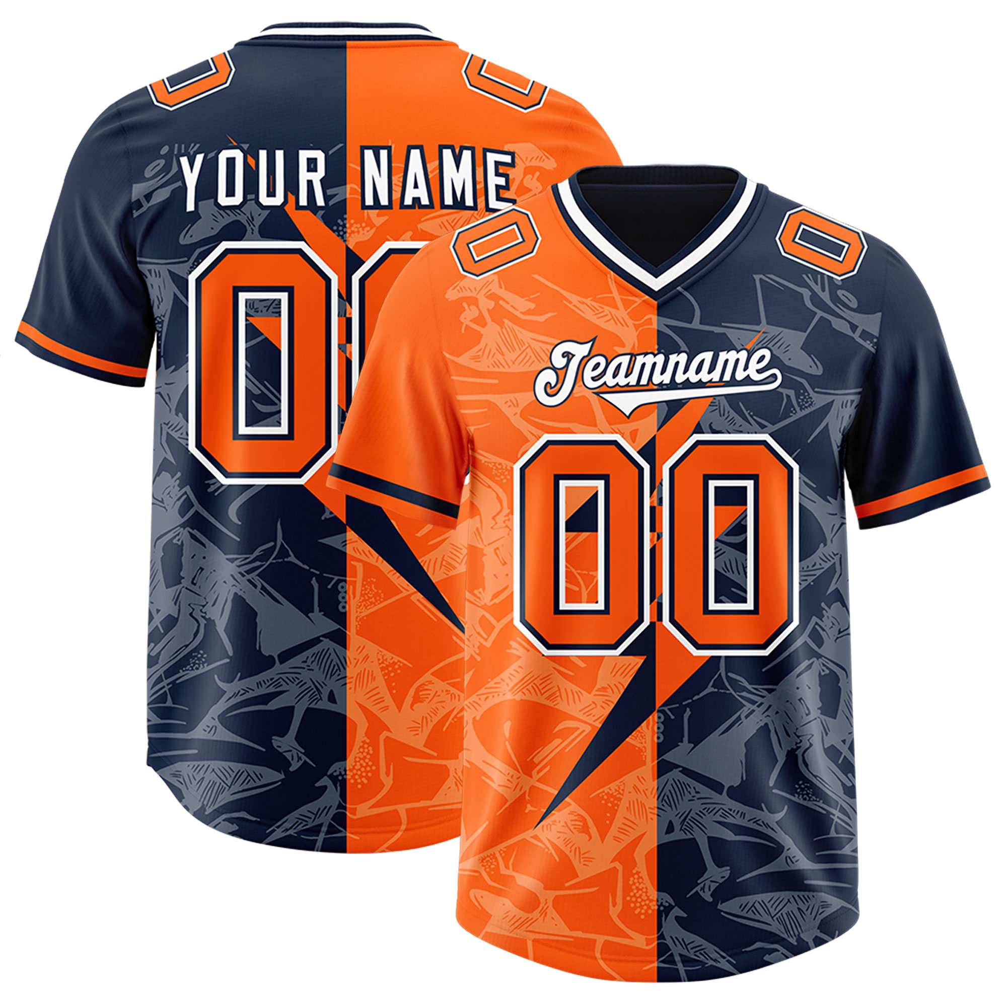 Custom Orange Navy Split Personalized Lightning Pattern American Football Jersey