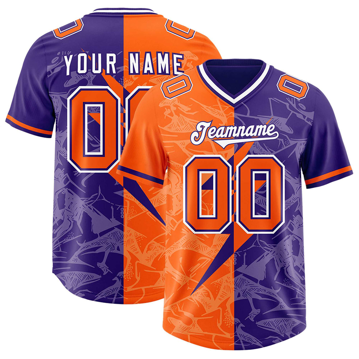 Custom Orange Purple Split Personalized Lightning Pattern American Football Jersey