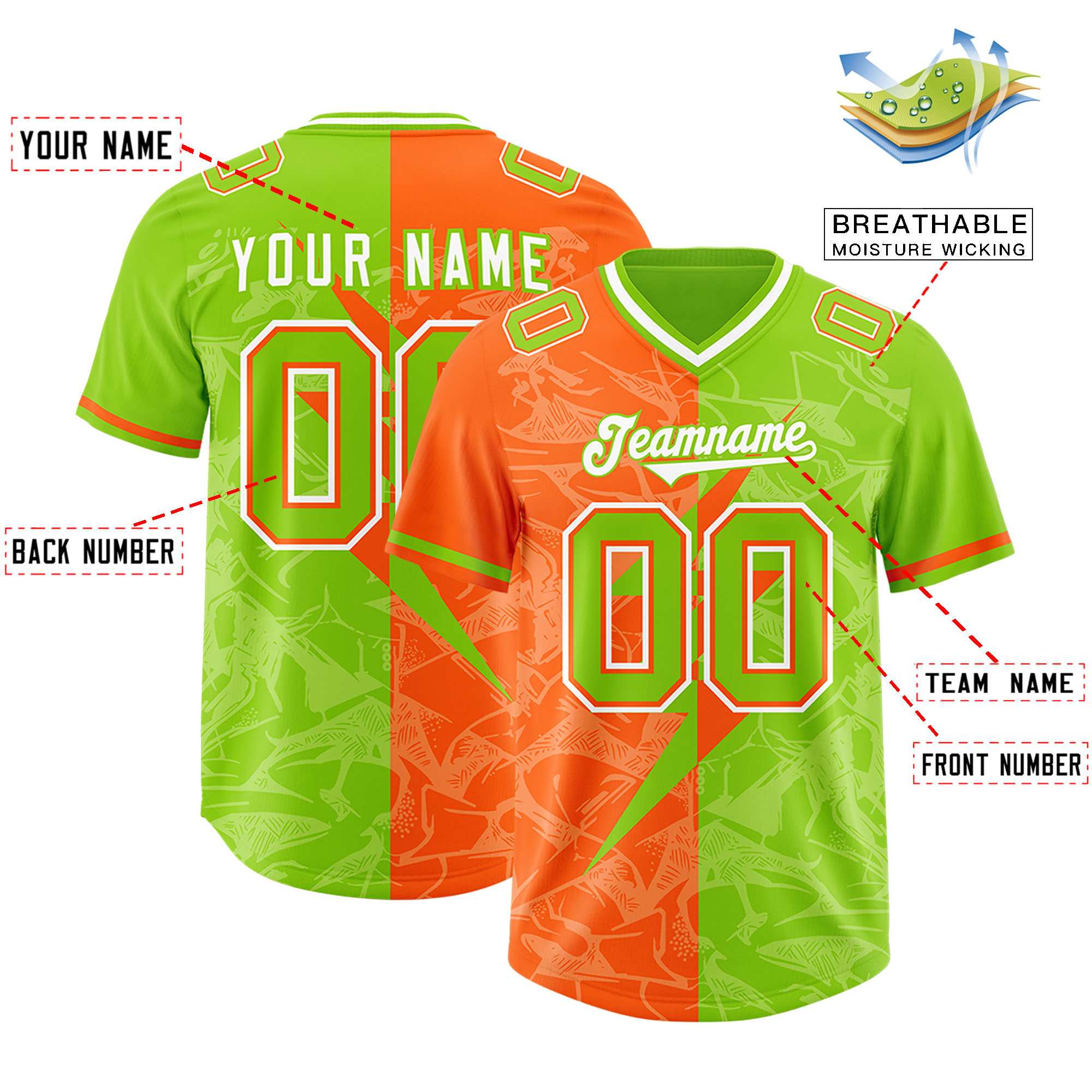 Custom Neon Green Orange Split Personalized Lightning Pattern American Football Jersey
