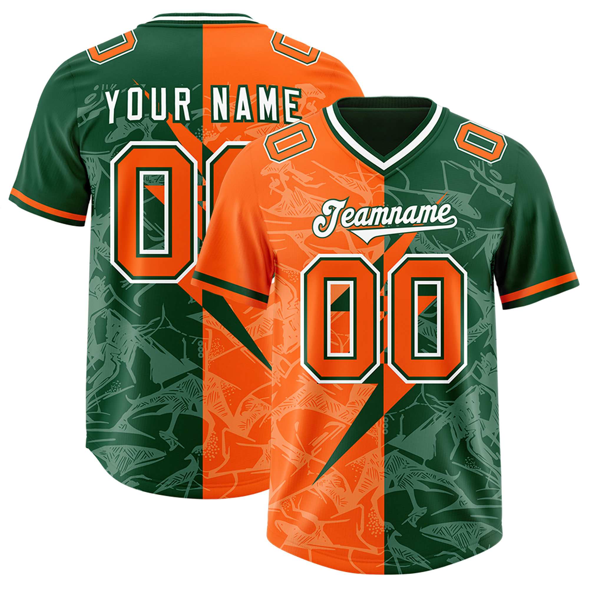Custom Green Orange Split Personalized Lightning Pattern American Football Jersey