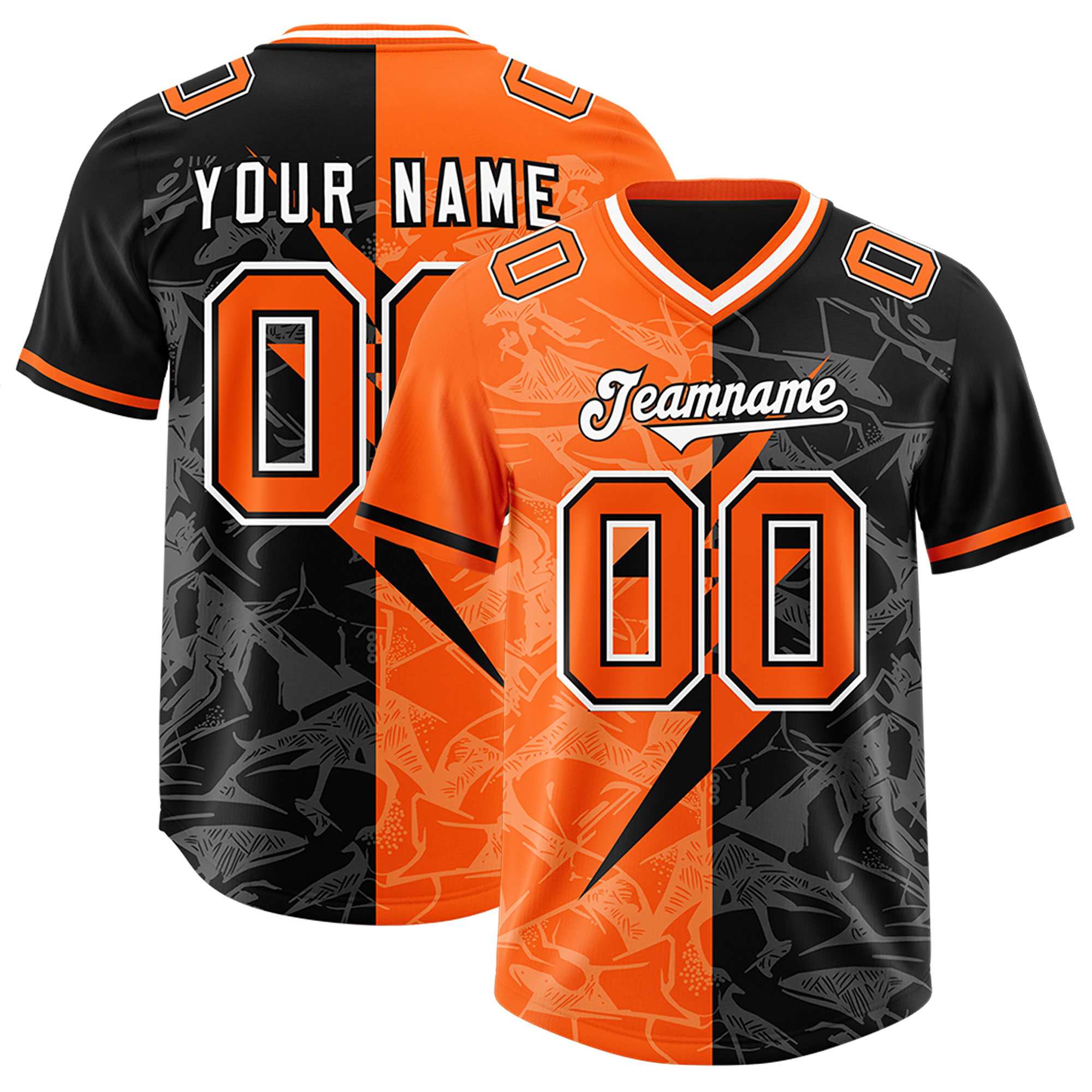 Custom Black Orange Split Personalized Lightning Pattern American Football Jersey