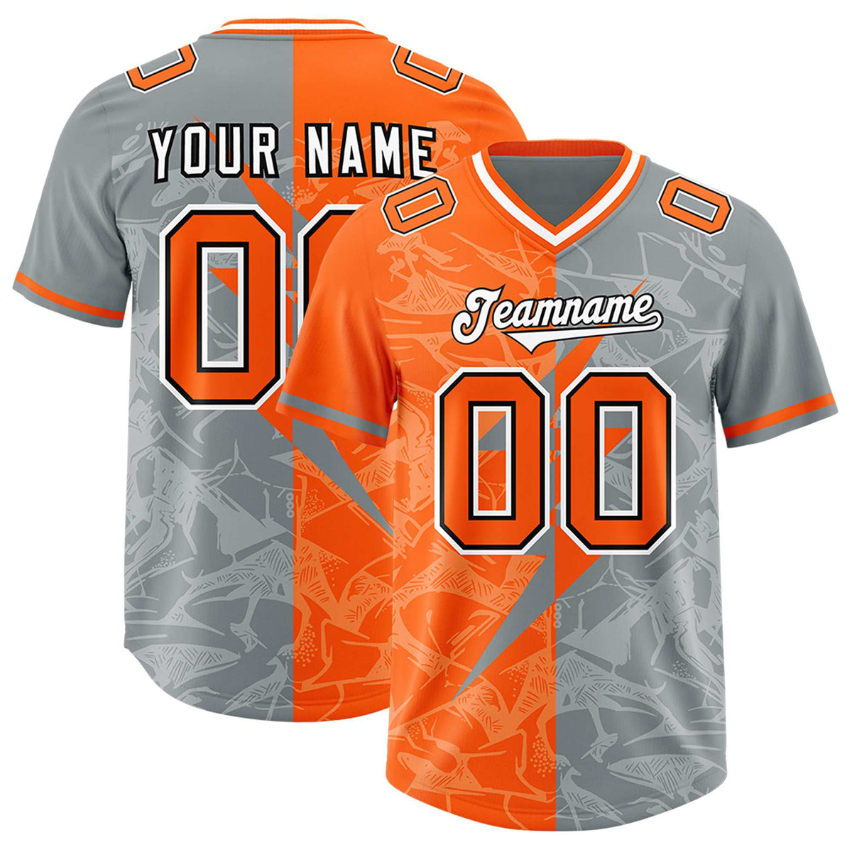 Custom Grey Orange Split Personalized Lightning Pattern American Football Jersey