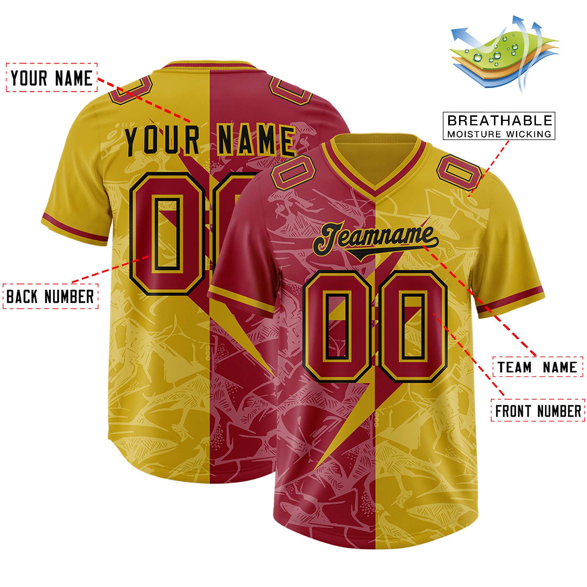 Custom Old Gold Cardinal Split Personalized Lightning Pattern American Football Jersey