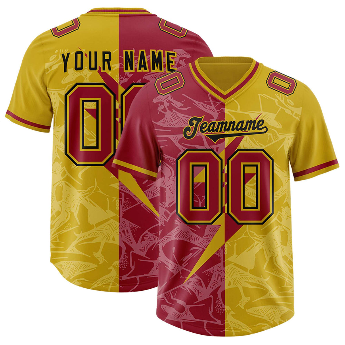 Custom Old Gold Cardinal Split Personalized Lightning Pattern American Football Jersey