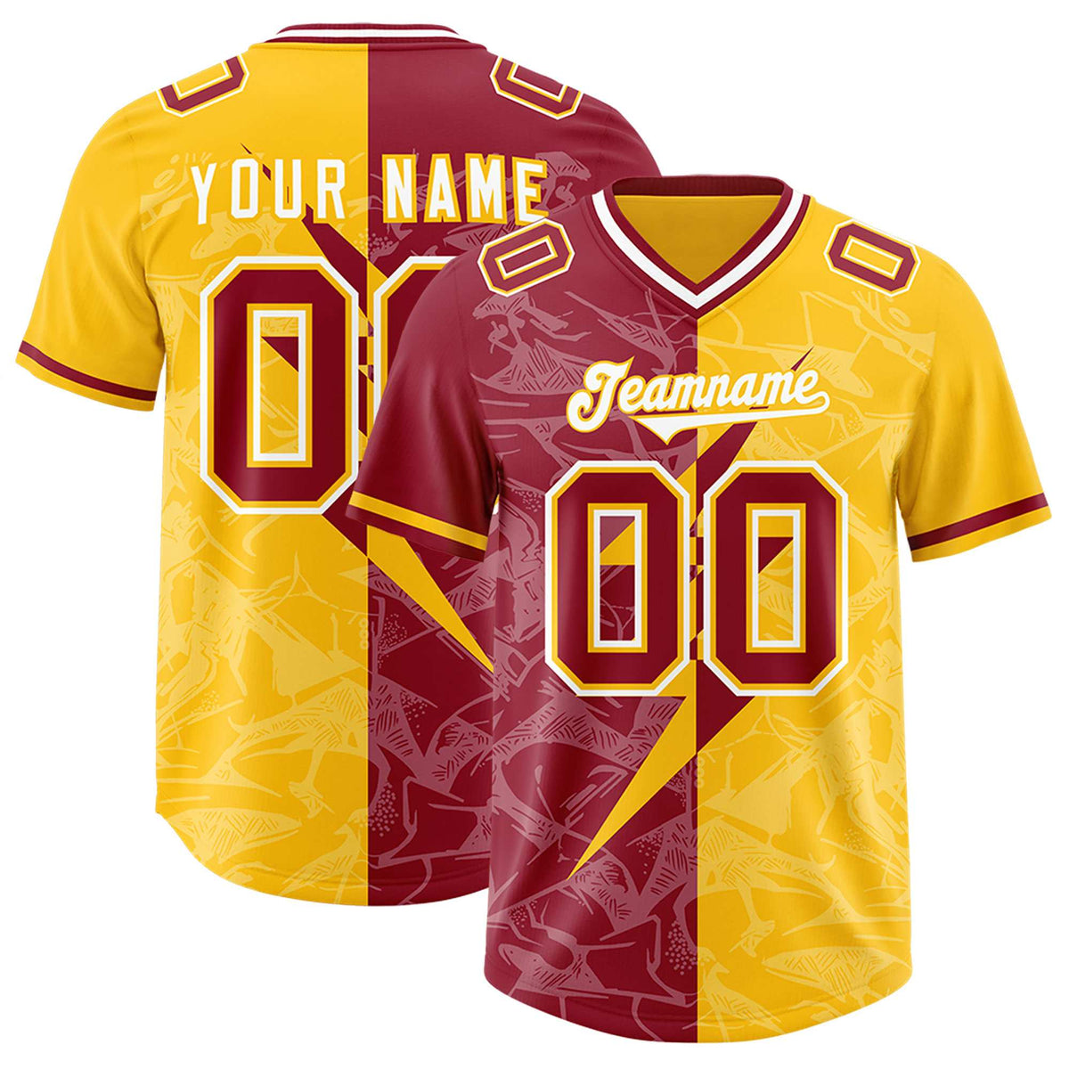Custom Yellow Cardinal Split Personalized Lightning Pattern American Football Jersey
