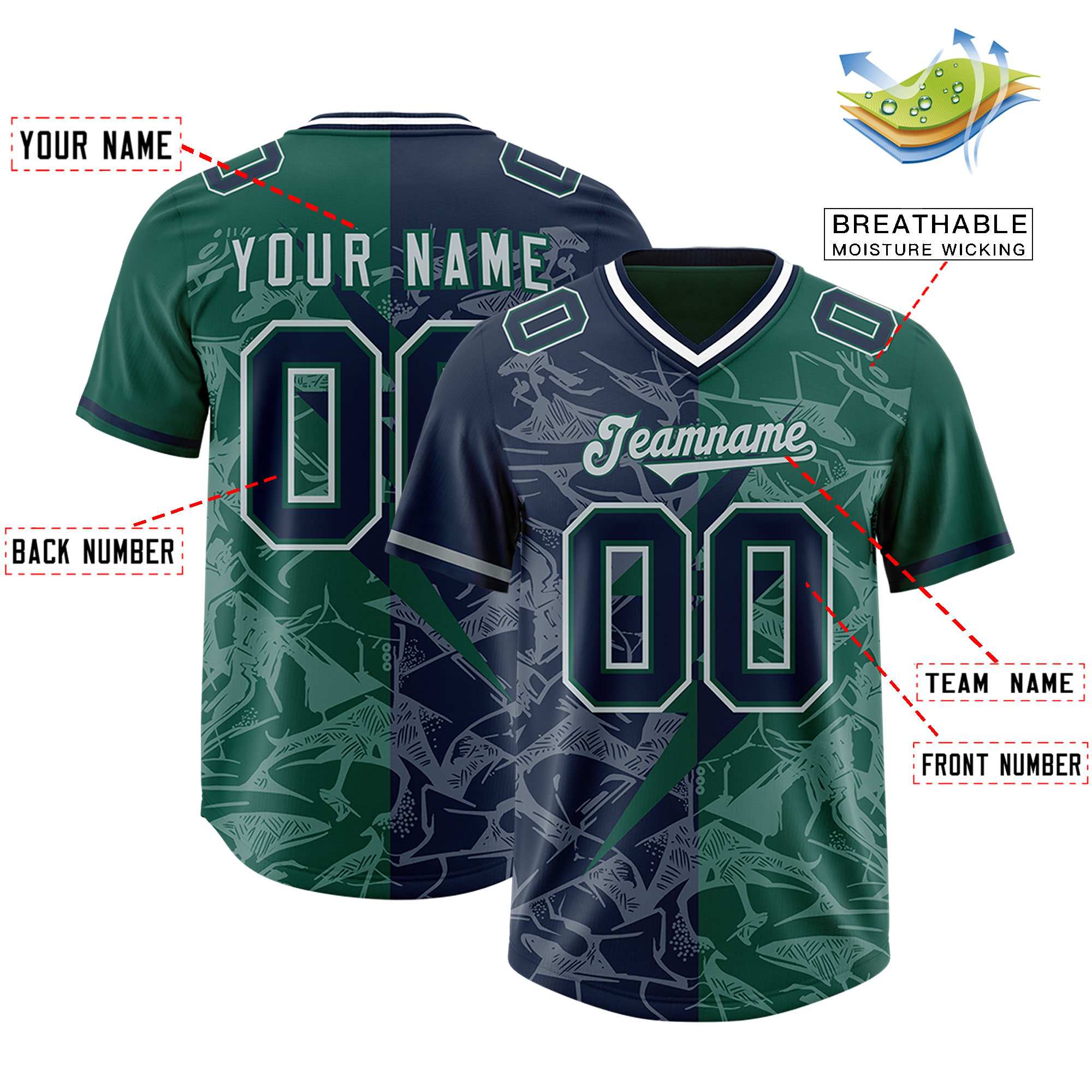Custom Green Navy Split Personalized Lightning Pattern American Football Jersey