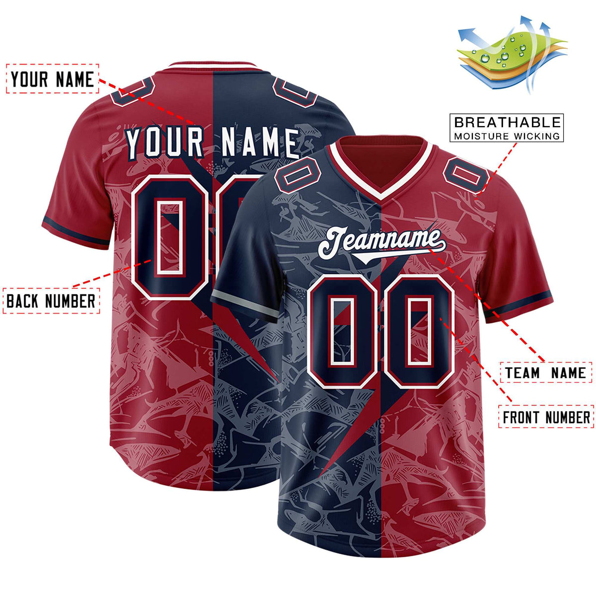 Custom Navy Cardinal Split Personalized Lightning Pattern American Football Jersey