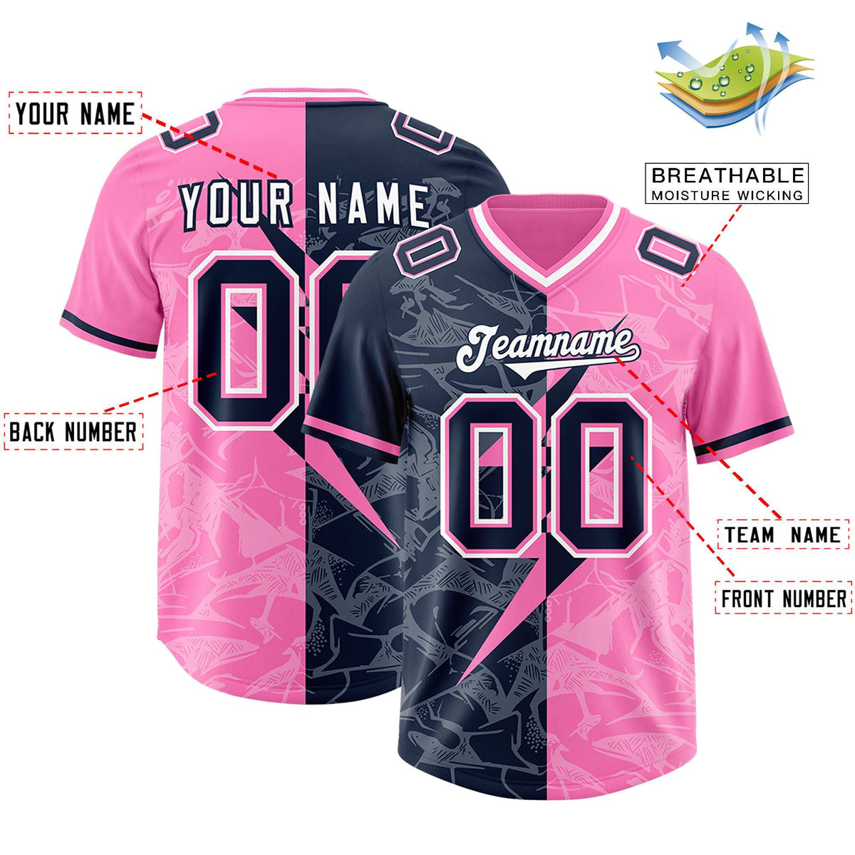 Custom Pink Navy Split Personalized Lightning Pattern American Football Jersey