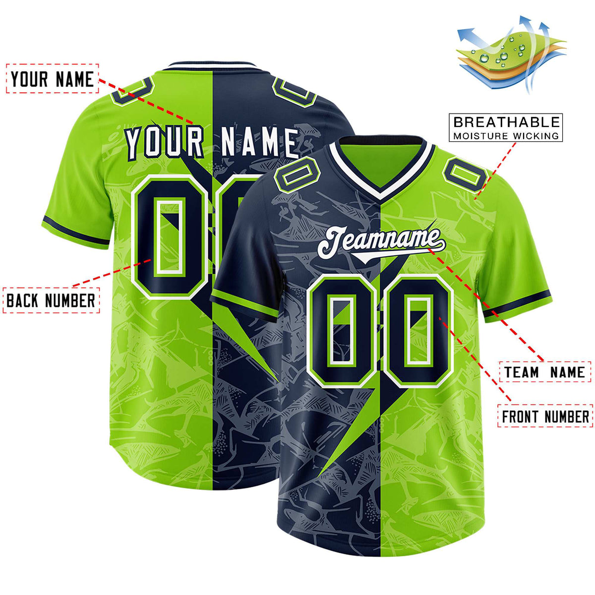 Custom Neon Green Navy Split Personalized Lightning Pattern American Football Jersey