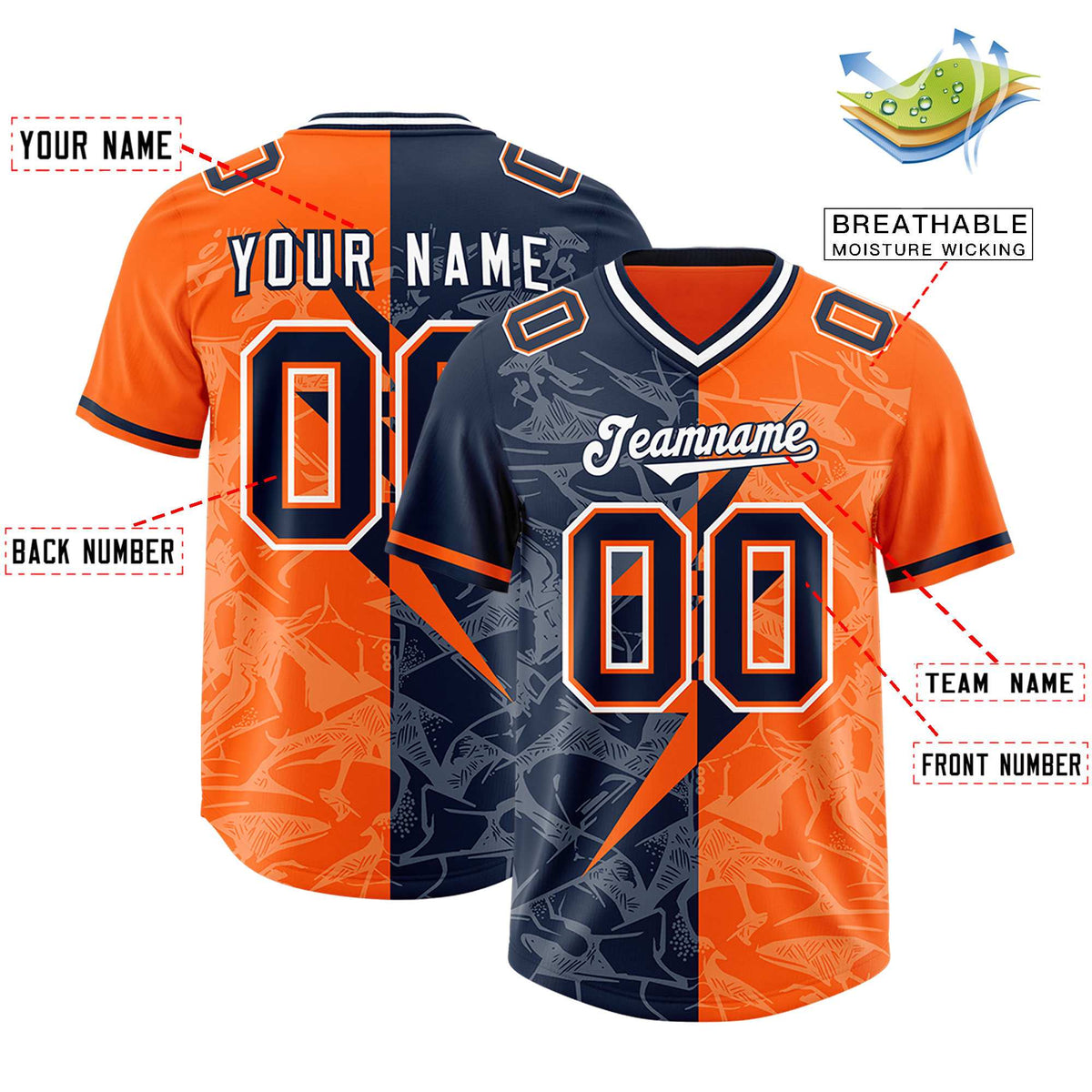 Custom Orange Navy Split Personalized Lightning Pattern American Football Jersey