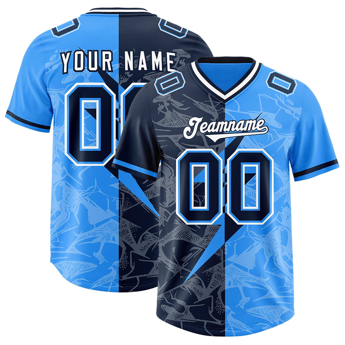 Custom Light Blue Navy Split Personalized Lightning Pattern American Football Jersey
