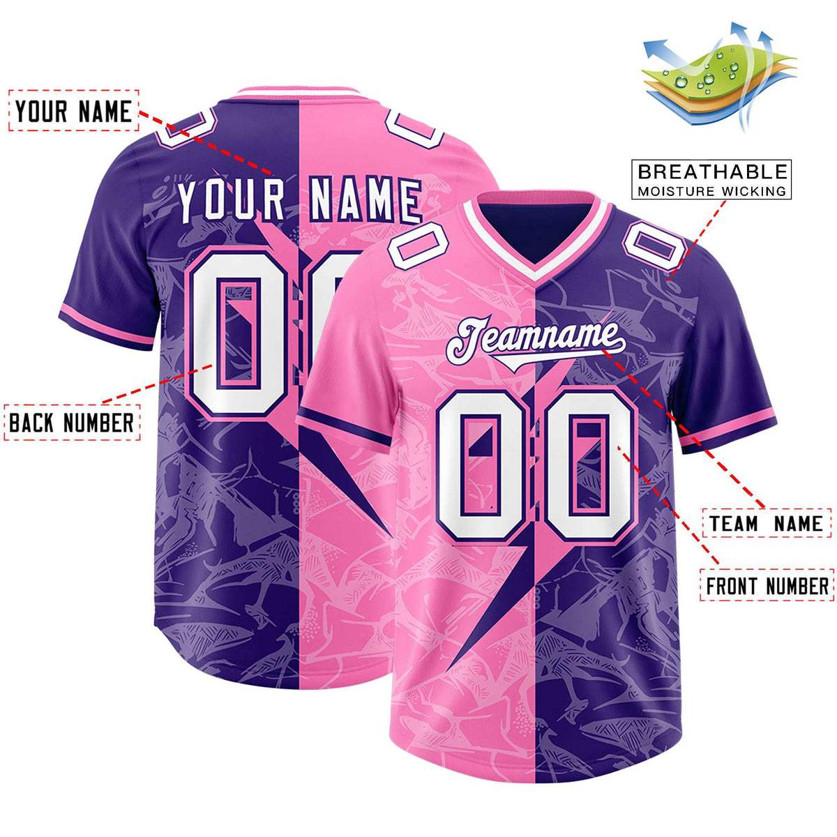 Custom Purple Pink Split Personalized Lightning Pattern American Football Jersey