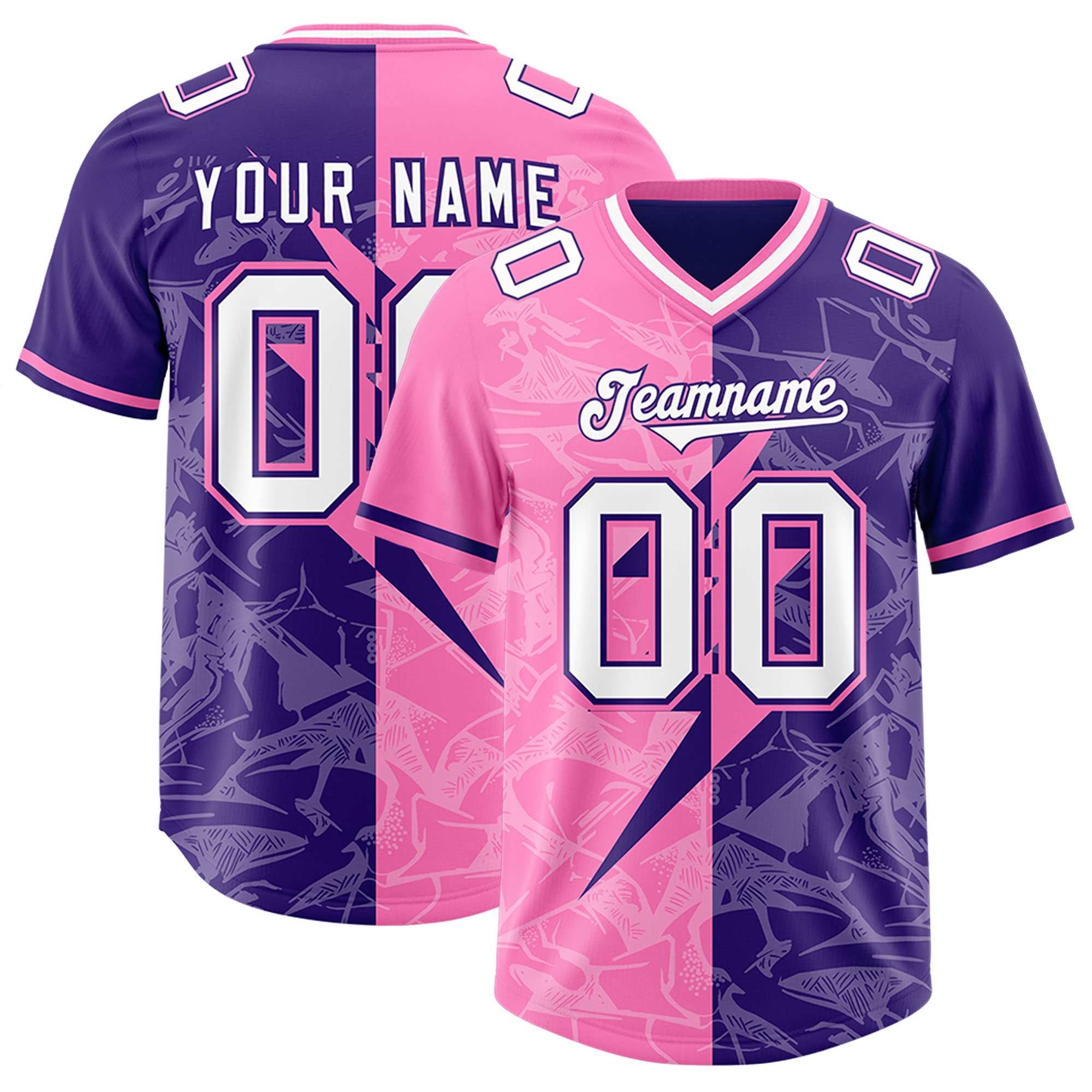 Custom Purple Pink Split Personalized Lightning Pattern American Football Jersey