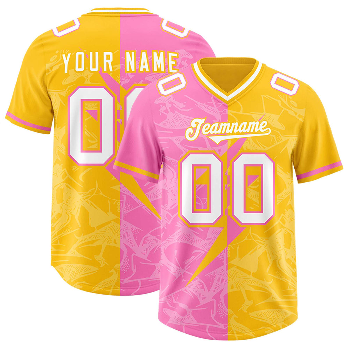 Custom Yellow Pink Split Personalized Lightning Pattern American Football Jersey