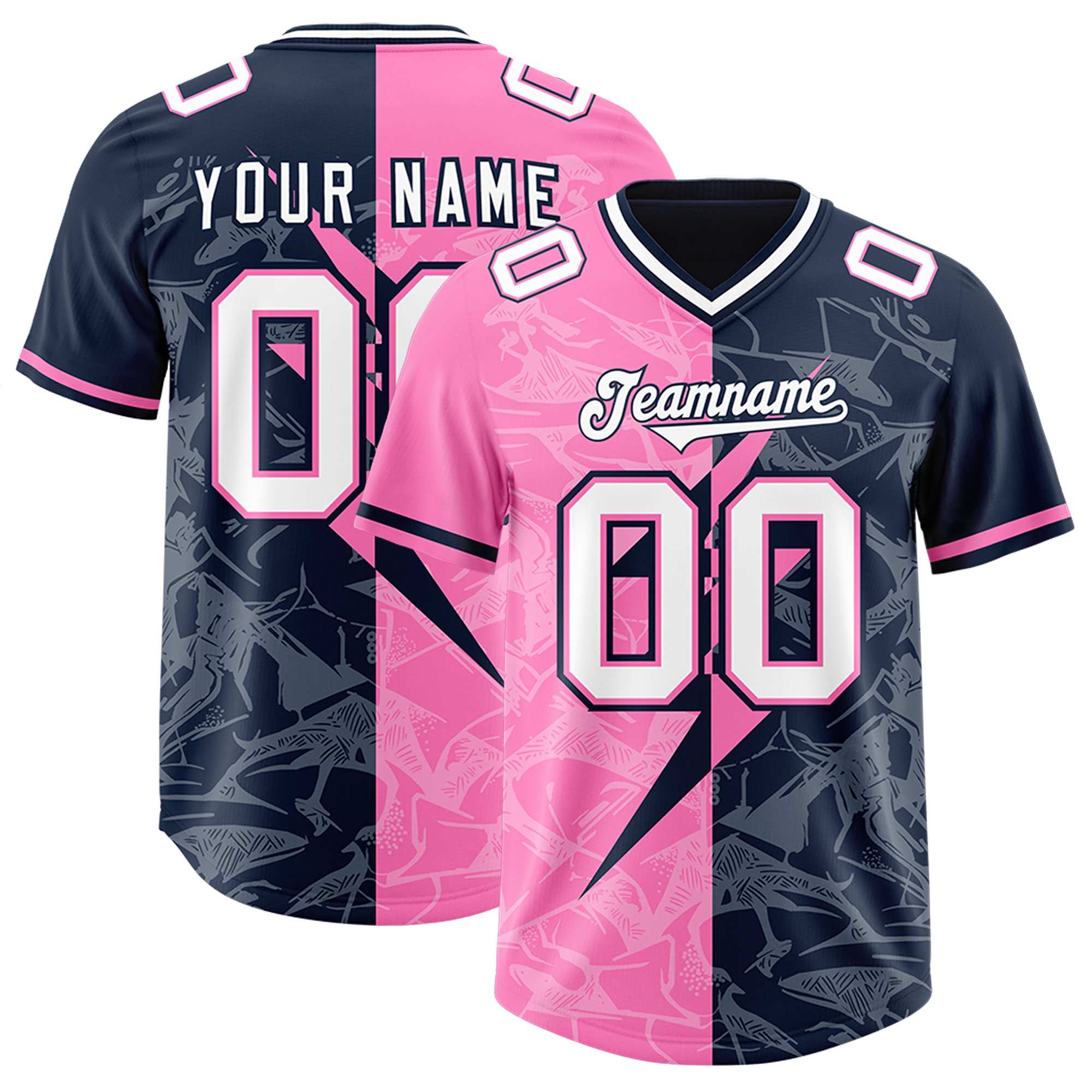 Custom Navy Pink Split Personalized Lightning Pattern American Football Jersey