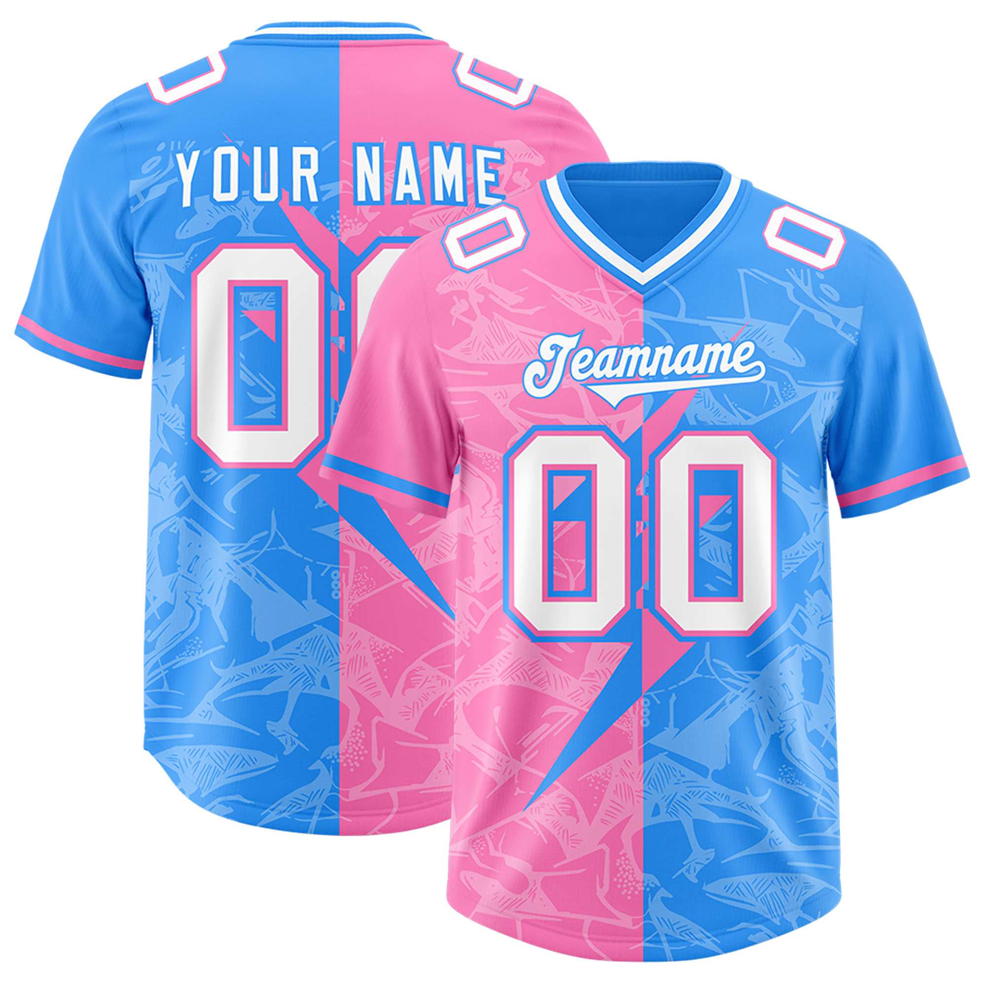 Custom Light Blue Pink Split Personalized Lightning Pattern American Football Jersey