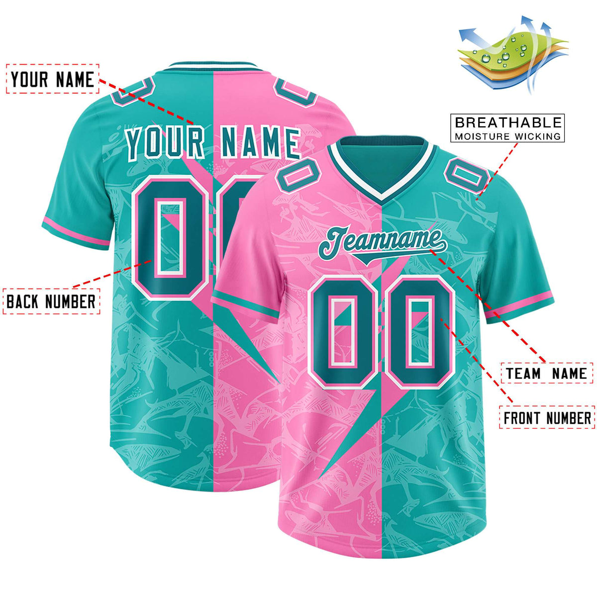 Custom Aqua Pink Split Personalized Lightning Pattern American Football Jersey