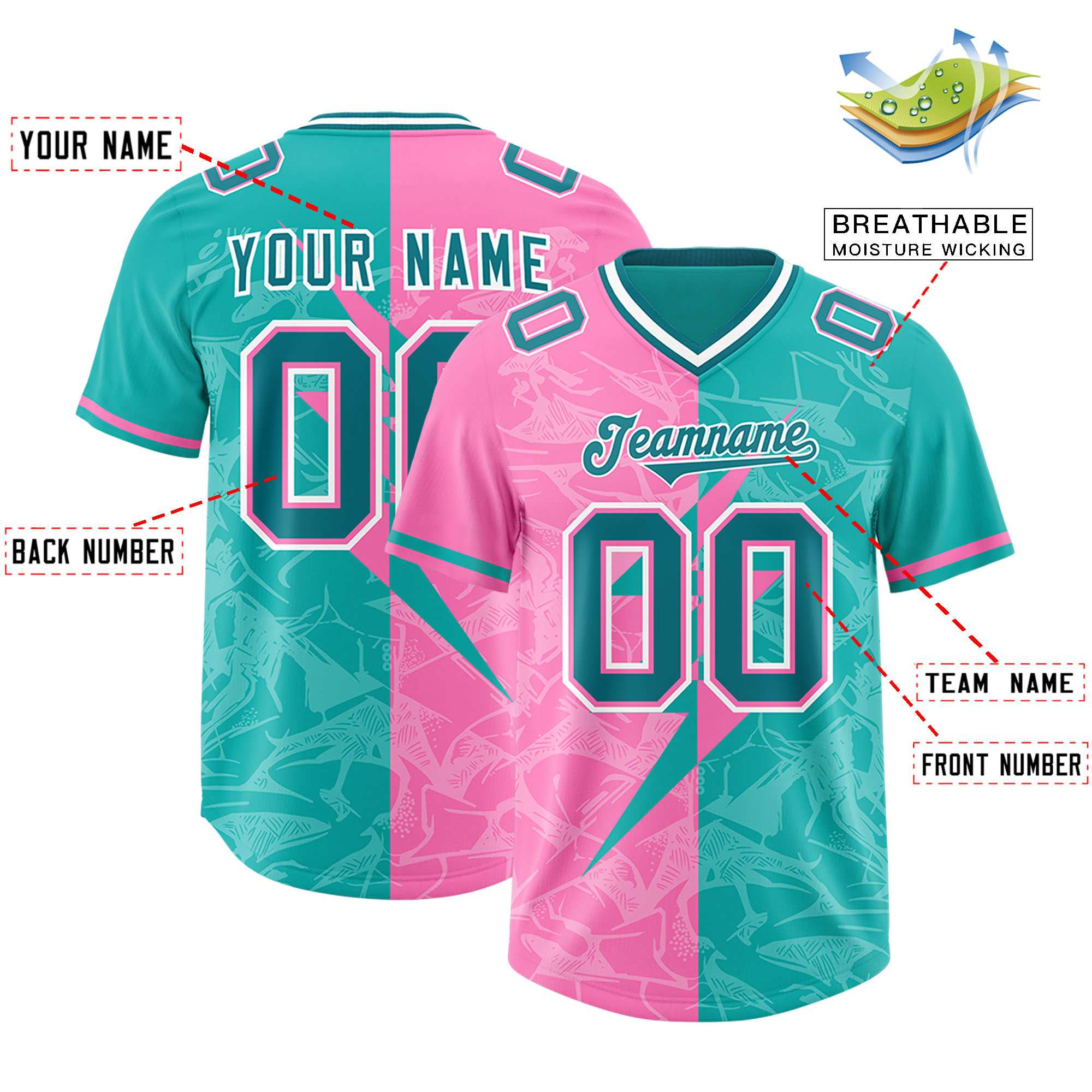 Custom Aqua Pink Split Personalized Lightning Pattern American Football Jersey