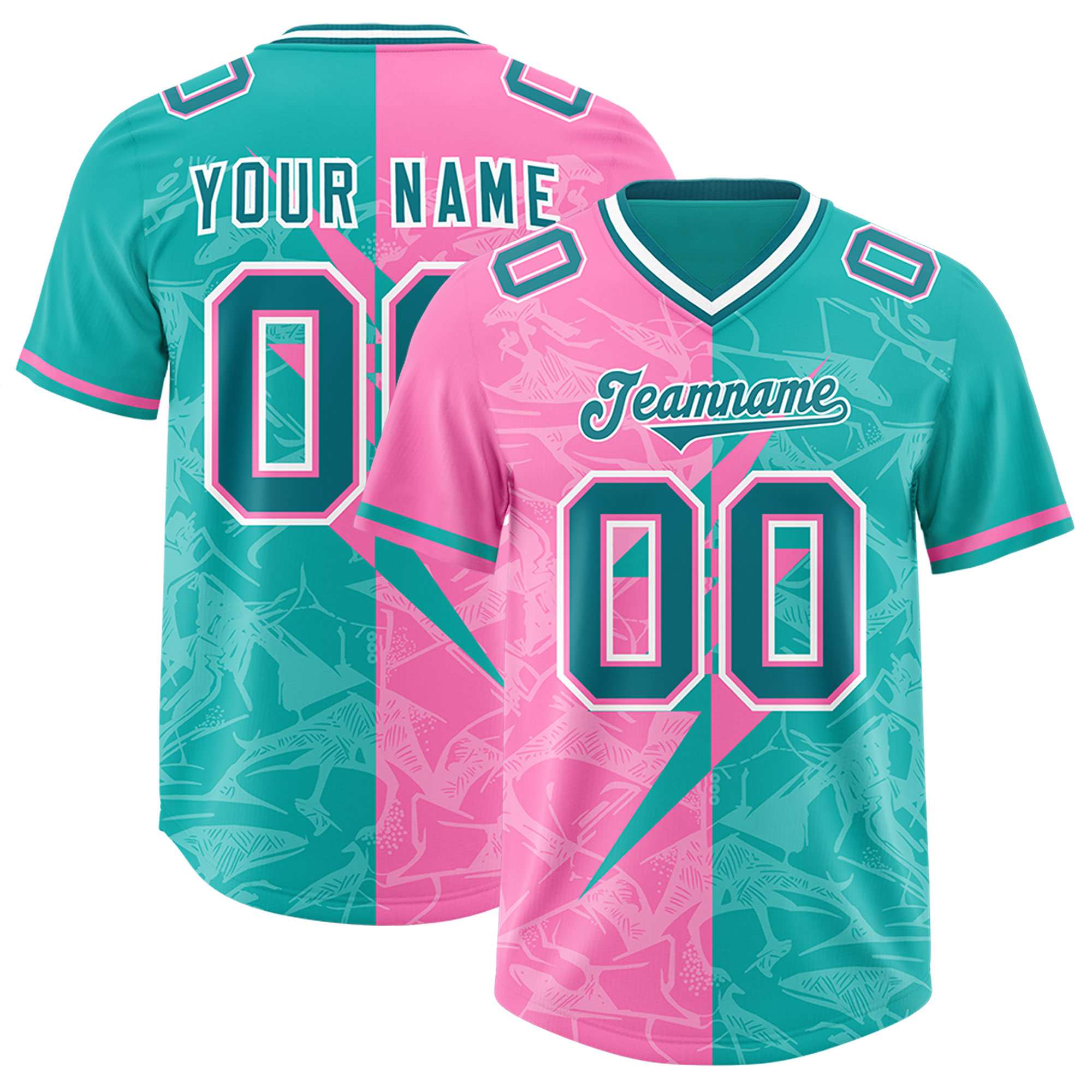 Custom Aqua Pink Split Personalized Lightning Pattern American Football Jersey