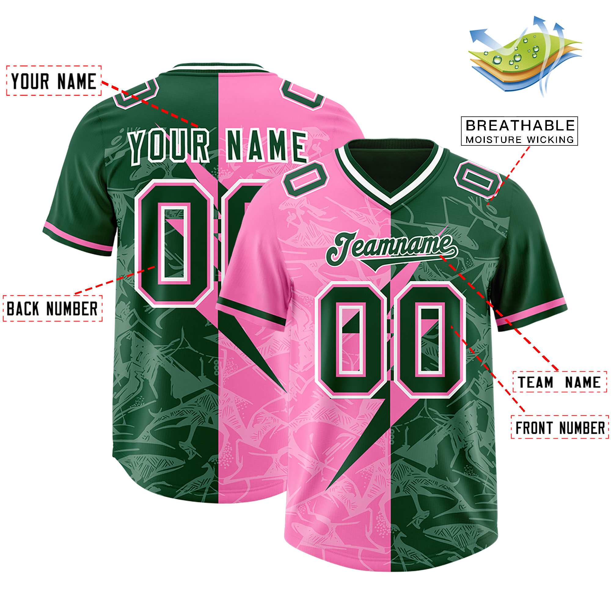 Custom Pink Green Split Personalized Lightning Pattern American Football Jersey