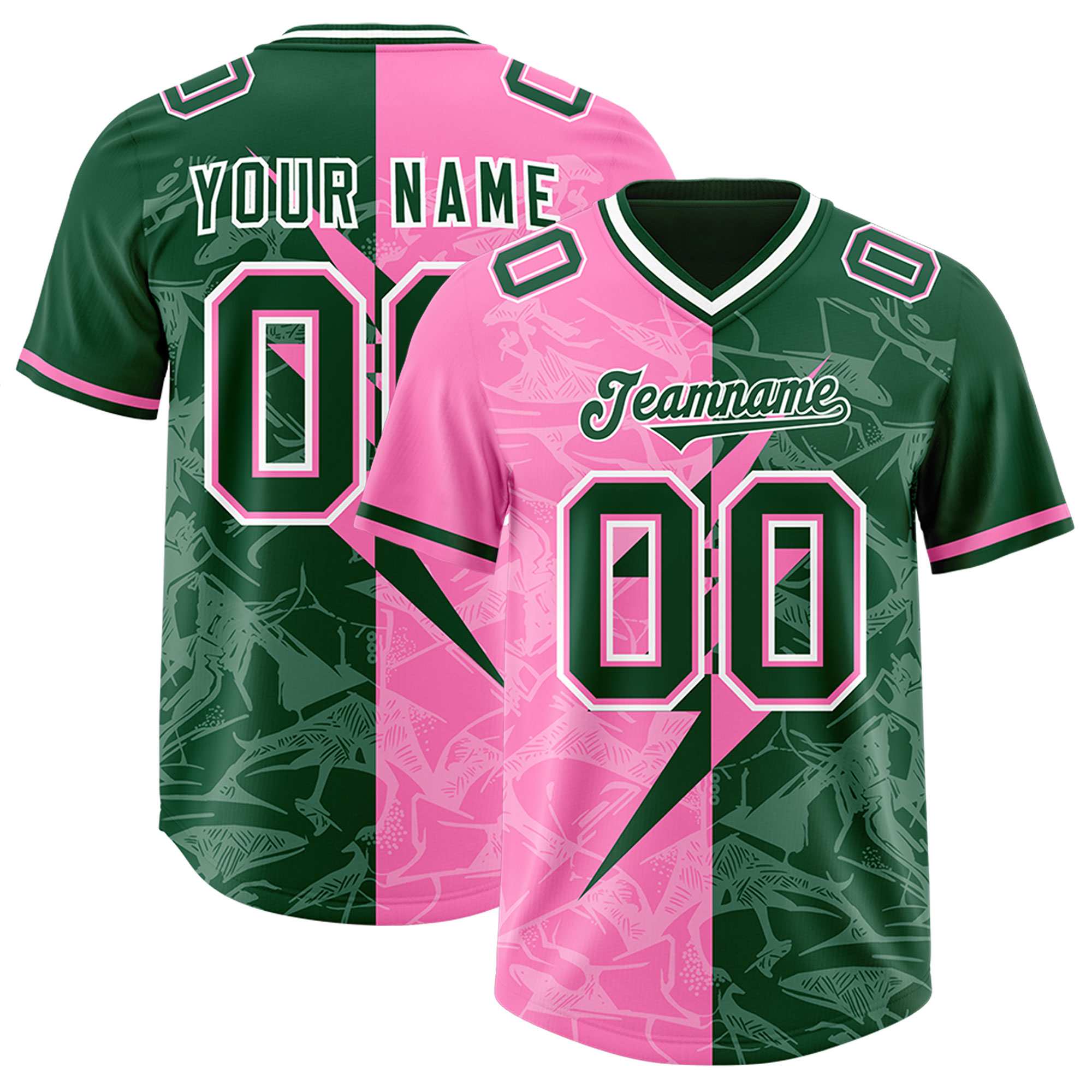 Custom Pink Green Split Personalized Lightning Pattern American Football Jersey