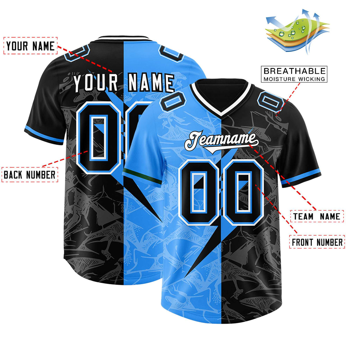 Custom Black Light Blue Split Personalized Lightning Pattern American Football Jersey