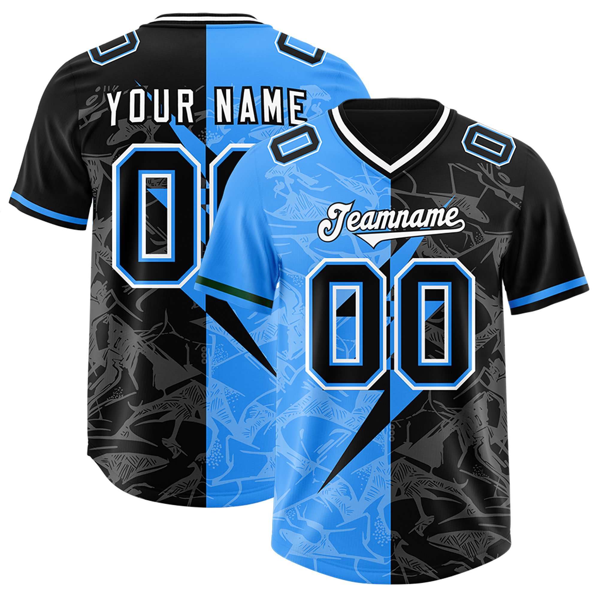 Custom Black Light Blue Split Personalized Lightning Pattern American Football Jersey