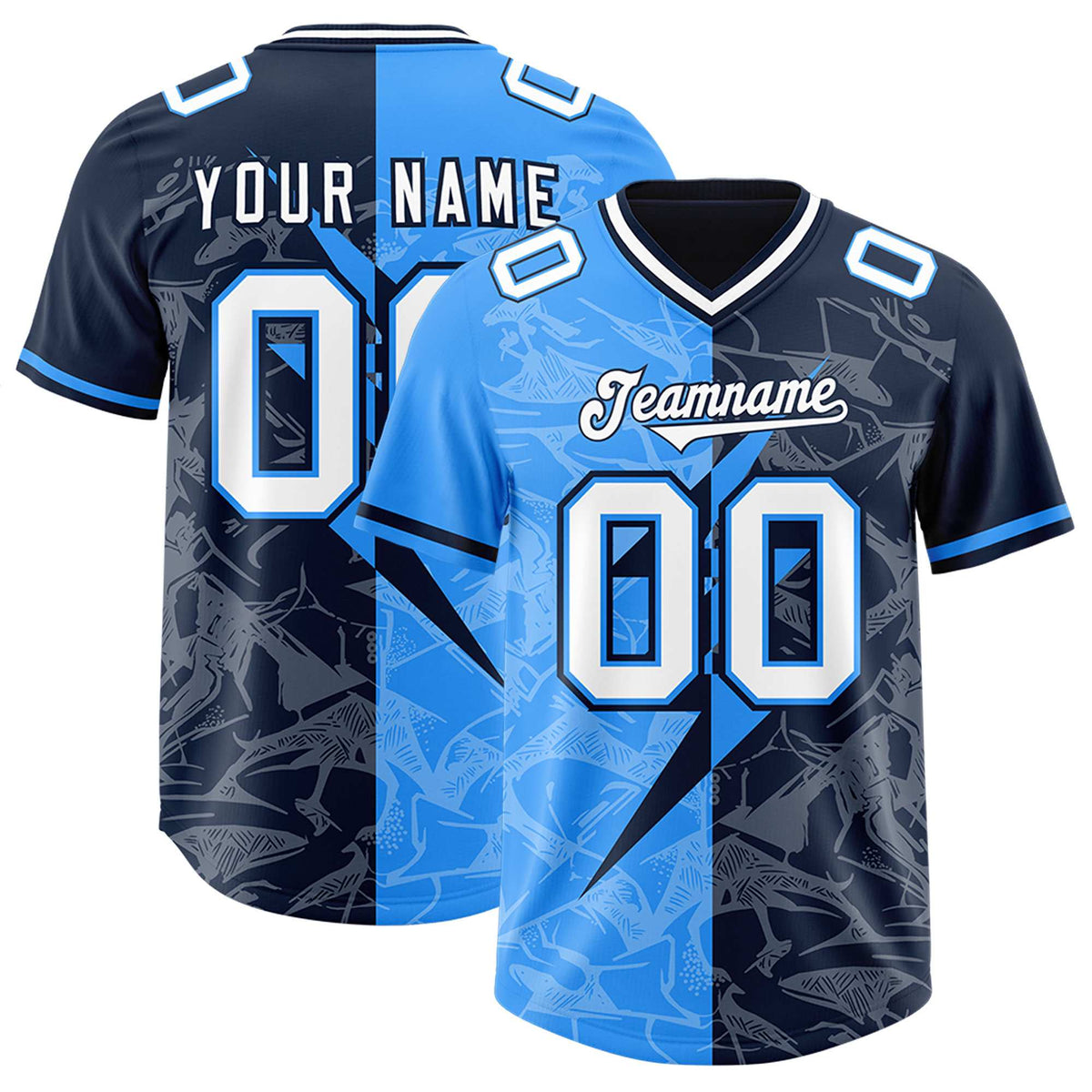 Custom Navy Light Blue Split Personalized Lightning Pattern American Football Jersey