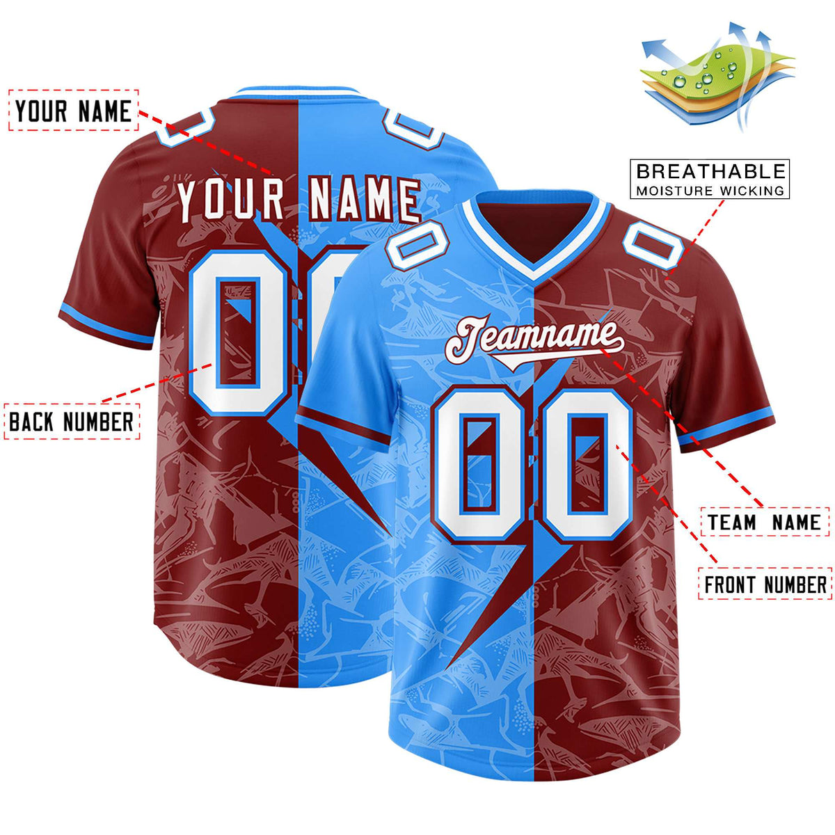 Custom Crimson Light Blue Split Personalized Lightning Pattern American Football Jersey