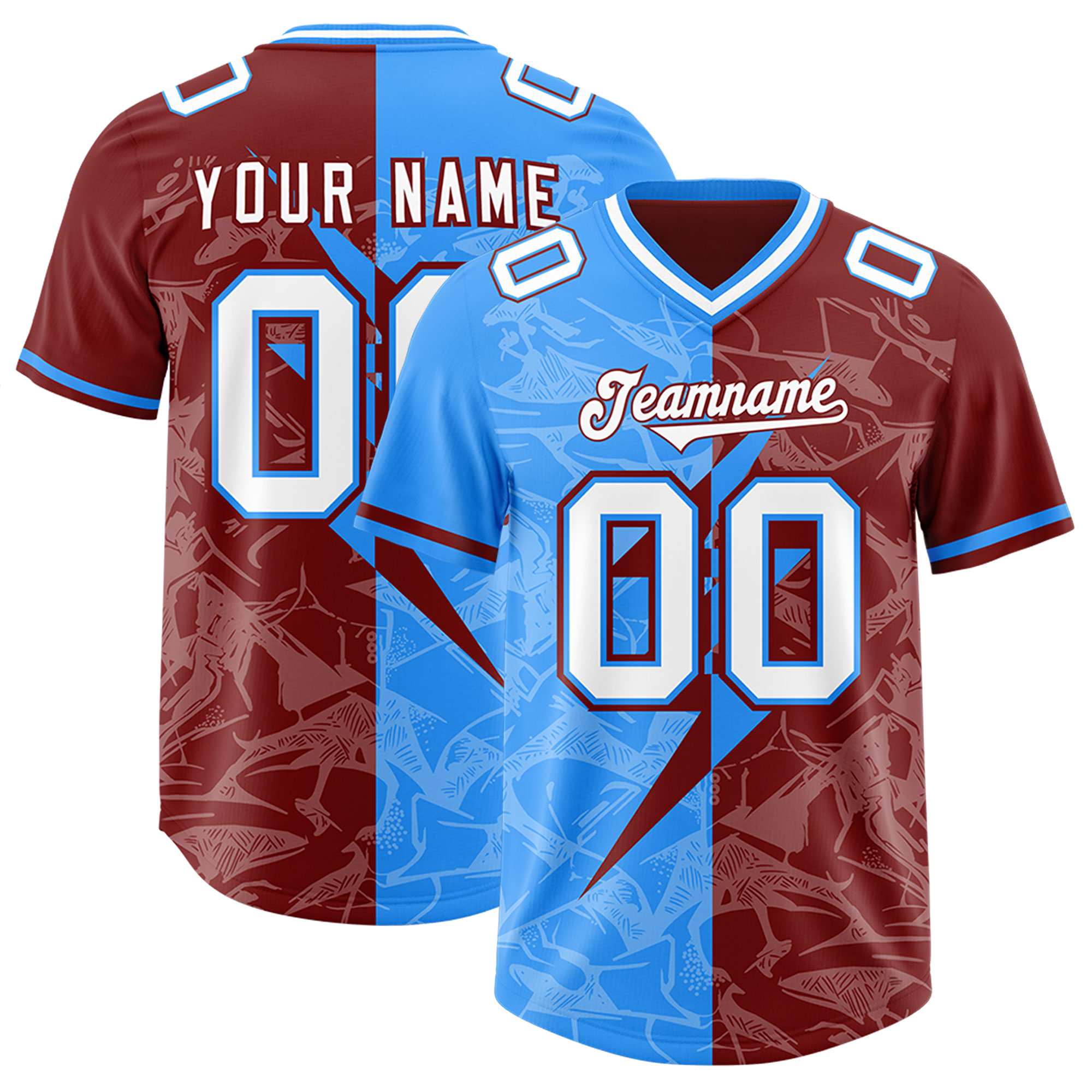 Custom Crimson Light Blue Split Personalized Lightning Pattern American Football Jersey