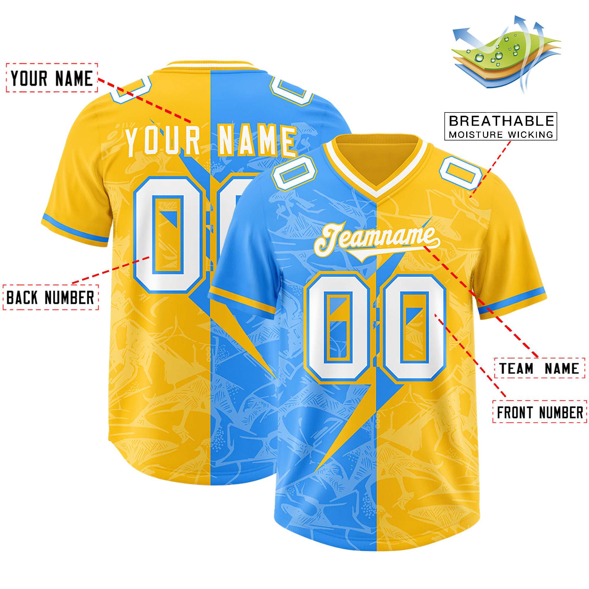 Custom Yellow Light Blue Split Personalized Lightning Pattern American Football Jersey