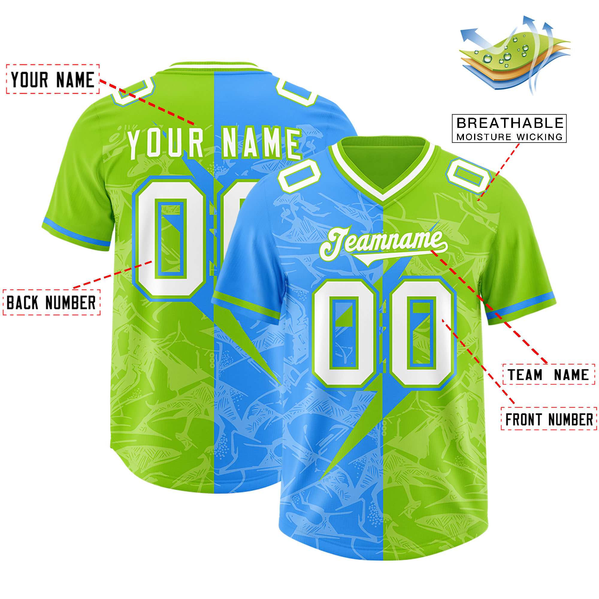Custom Neon Green Light Blue Split Personalized Lightning Pattern American Football Jersey