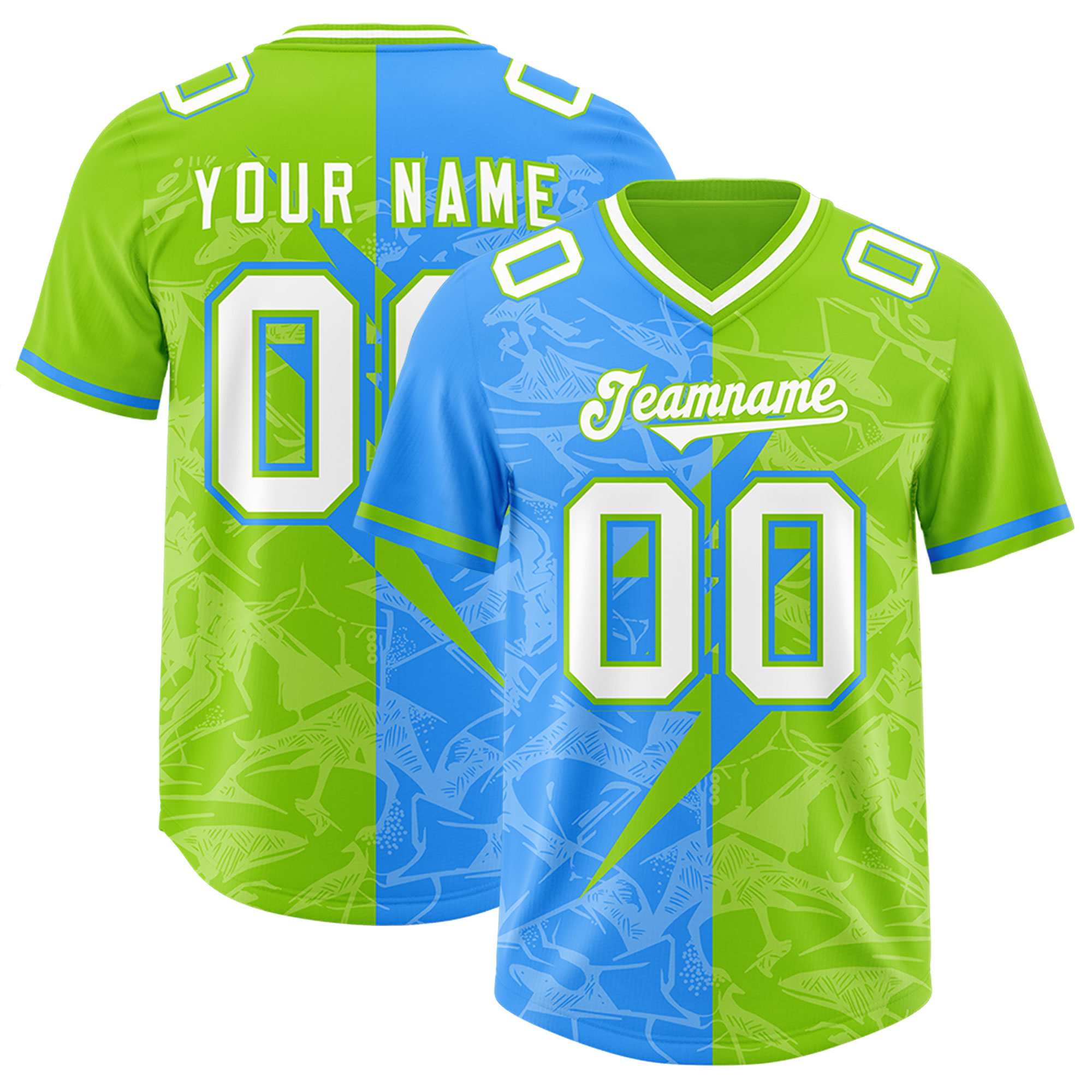 Custom Neon Green Light Blue Split Personalized Lightning Pattern American Football Jersey