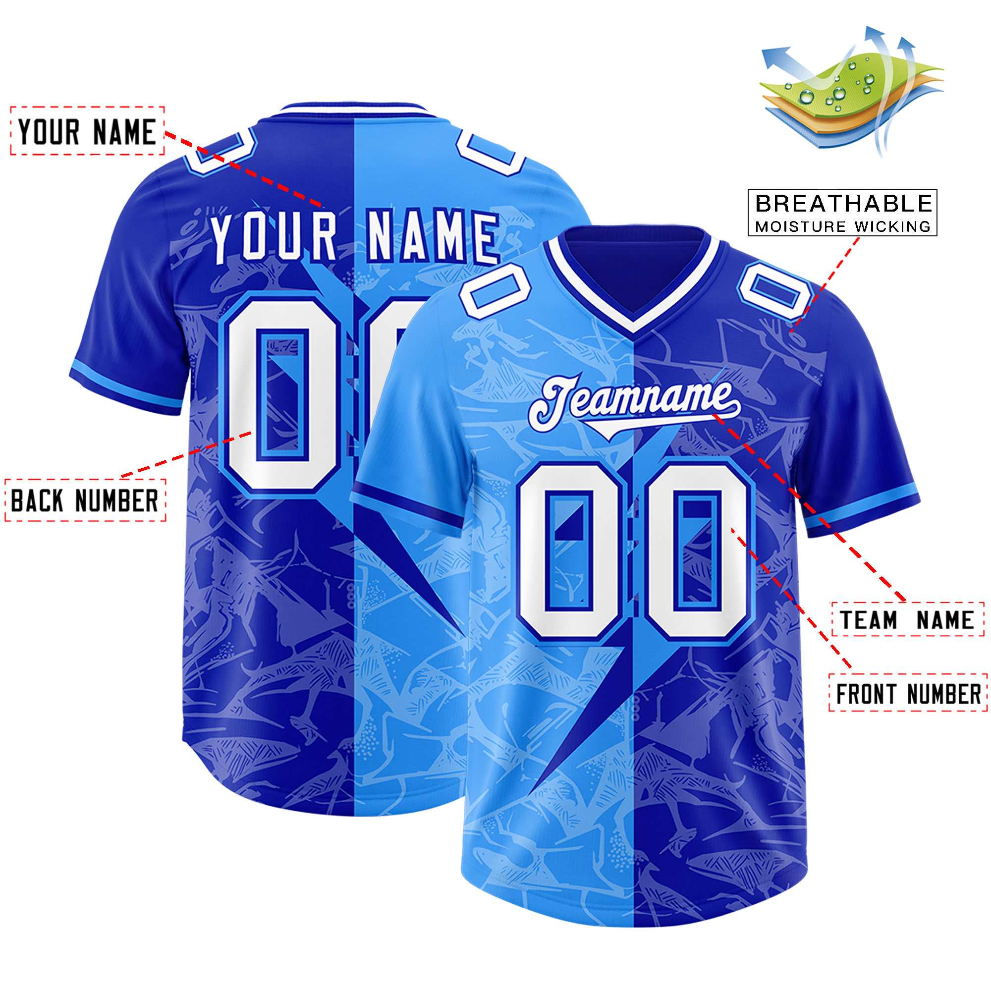 Custom Royal Light Blue Split Personalized Lightning Pattern American Football Jersey