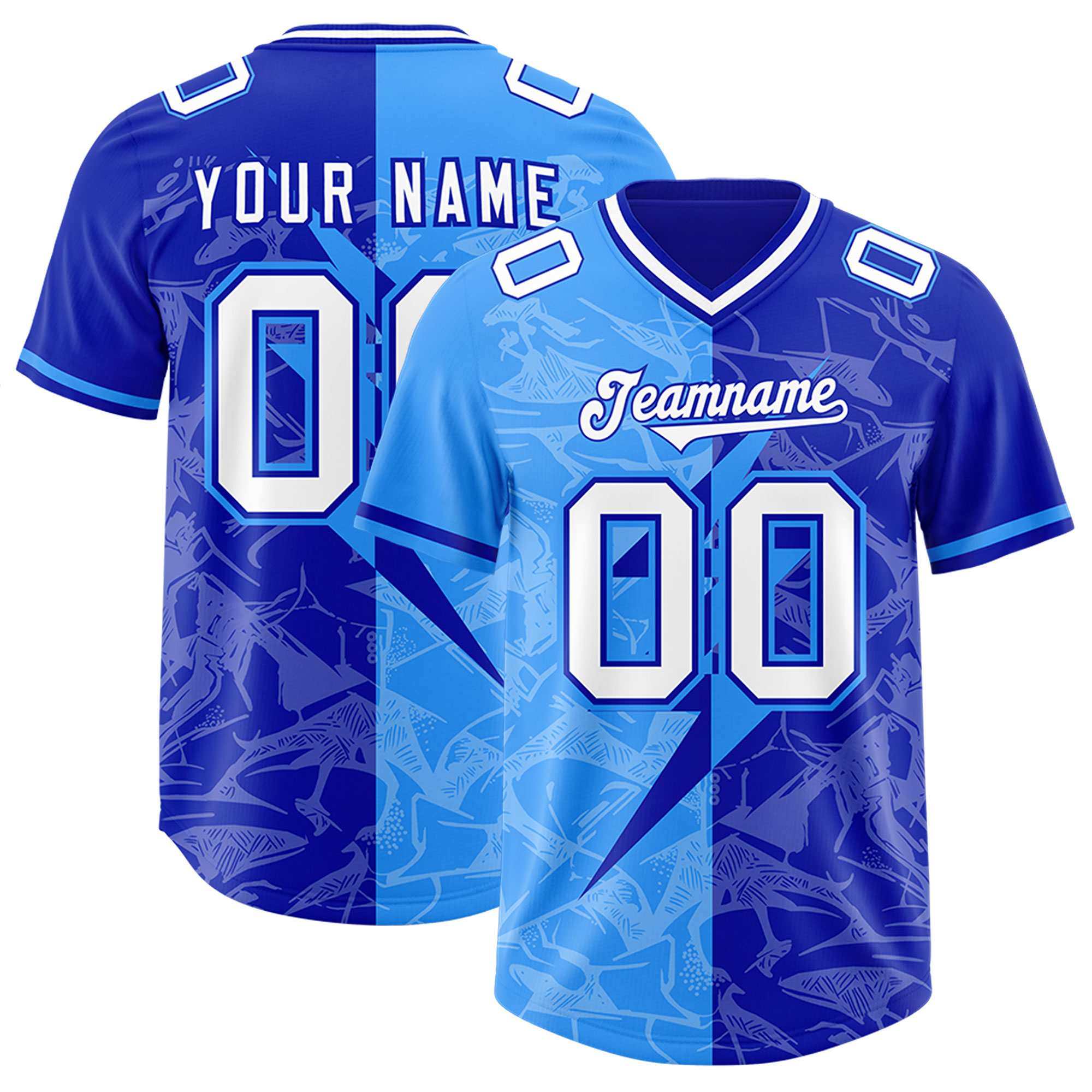 Custom Royal Light Blue Split Personalized Lightning Pattern American Football Jersey