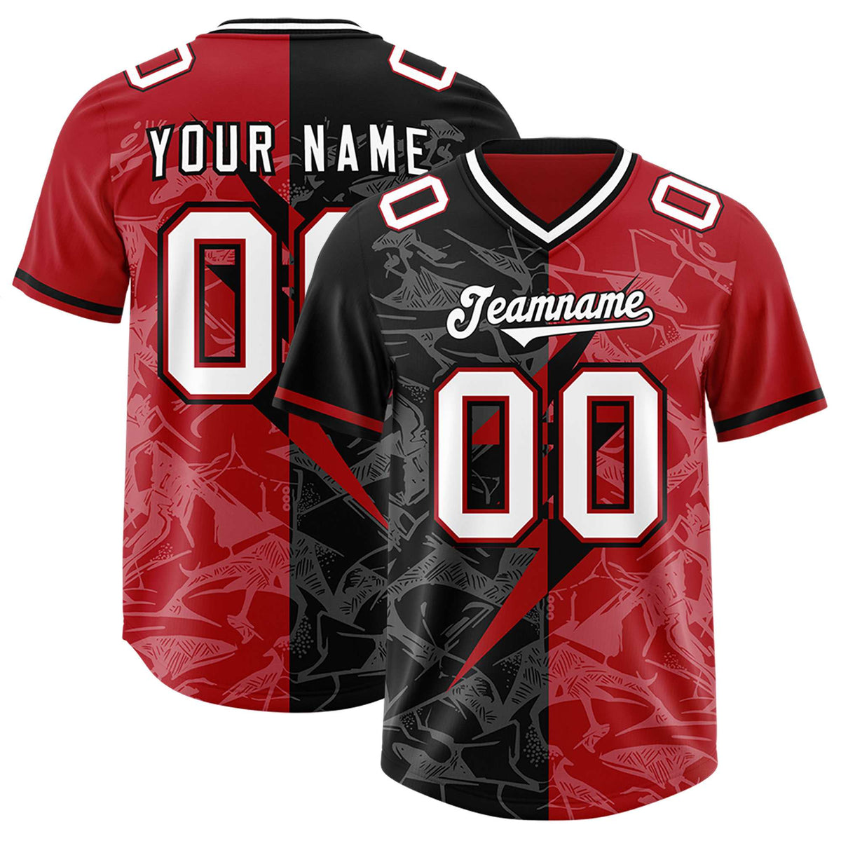 Custom Black Red Split Personalized Lightning Pattern American Football Jersey