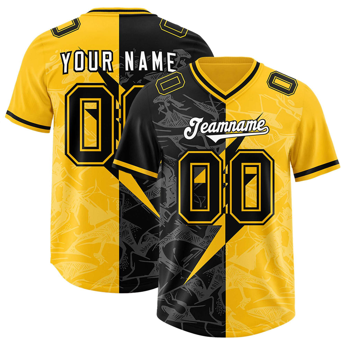 Custom Yellow Black Split Personalized Lightning Pattern American Football Jersey