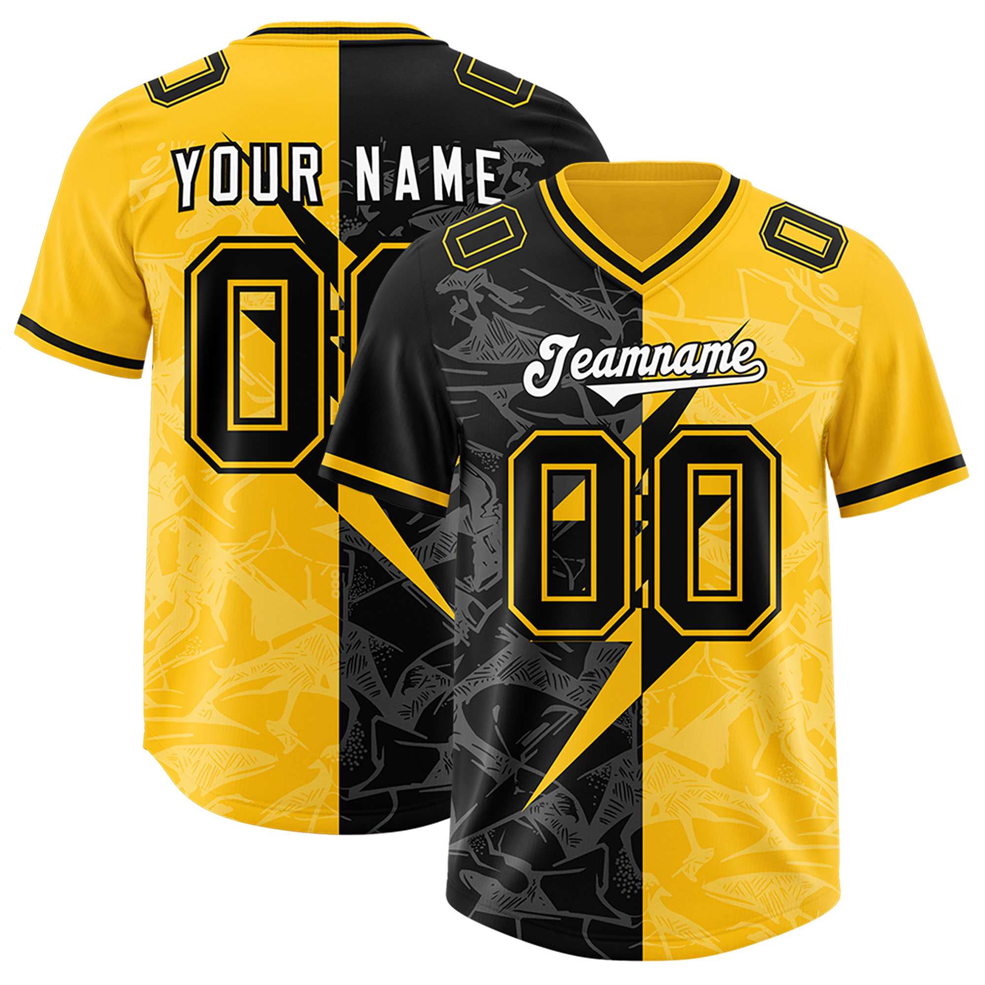 Custom Yellow Black Split Personalized Lightning Pattern American Football Jersey