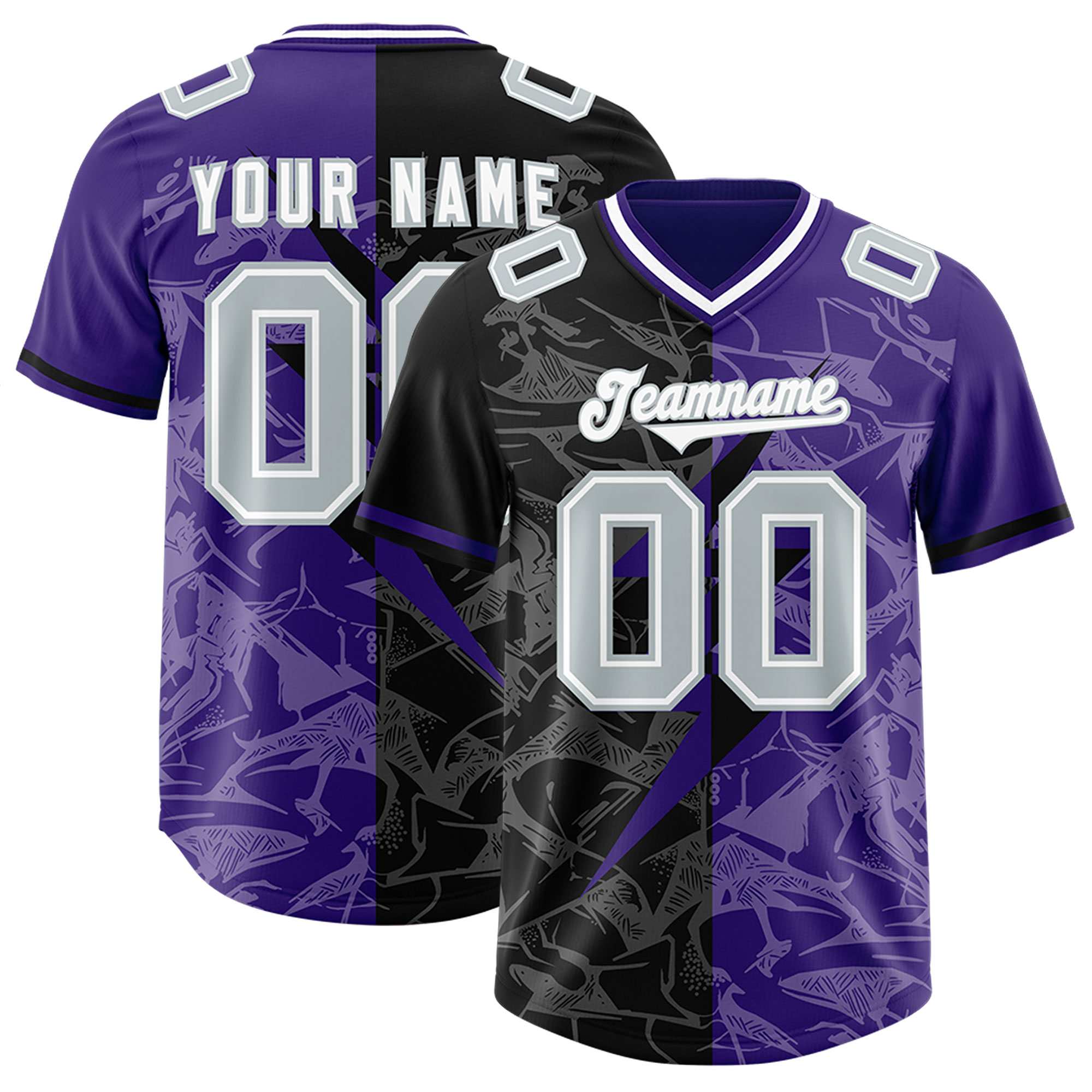 Custom Purple Black Split Personalized Lightning Pattern American Football Jersey