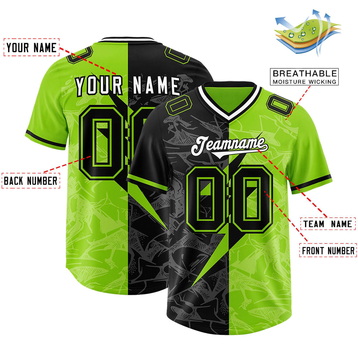 Custom Neon Green Black Split Personalized Lightning Pattern American Football Jersey