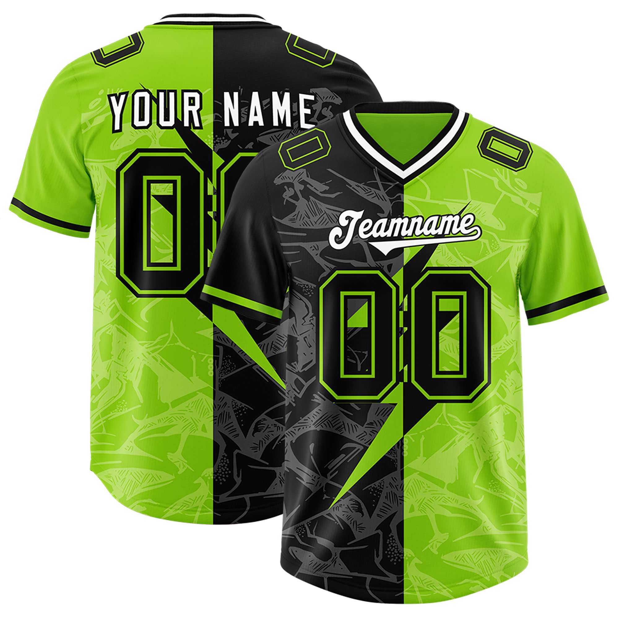Custom Neon Green Black Split Personalized Lightning Pattern American Football Jersey